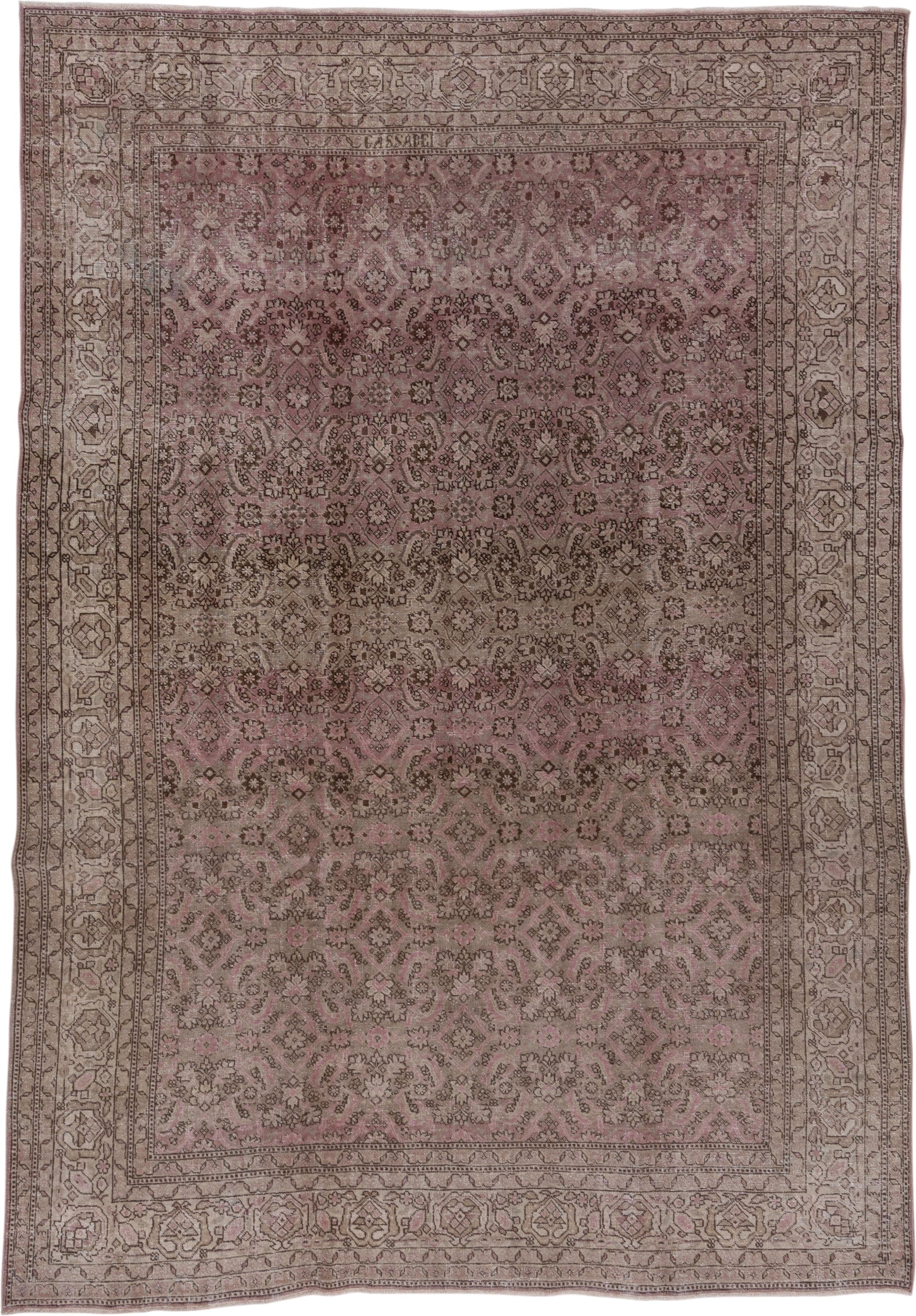 7' x 10' one-of-a-kind handmade vintage Sivas large size rug. Color palette: rose, taupe, dusty pink, brown, ivory, mauve