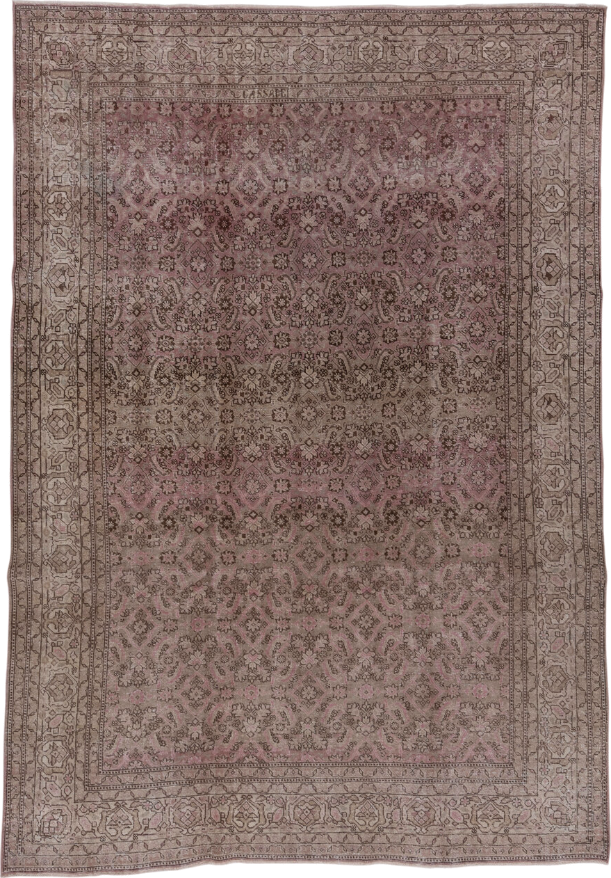 7' x 10' one-of-a-kind handmade vintage Sivas large size rug. Color palette: rose, taupe, dusty pink, brown, ivory, mauve