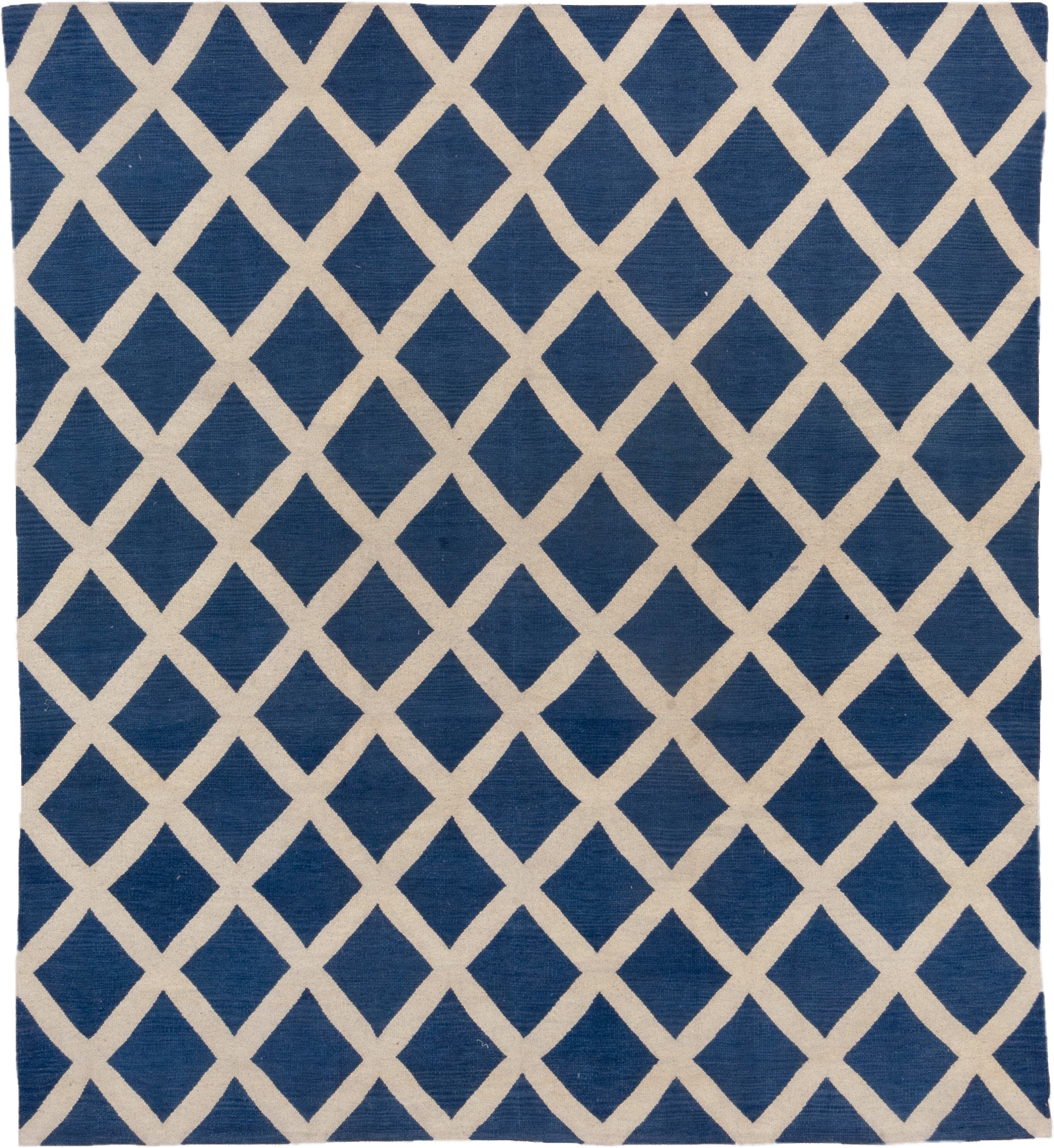 8' x 9' one-of-a-kind handmade vintage Kilim rug. Color palette: blue, ivory
