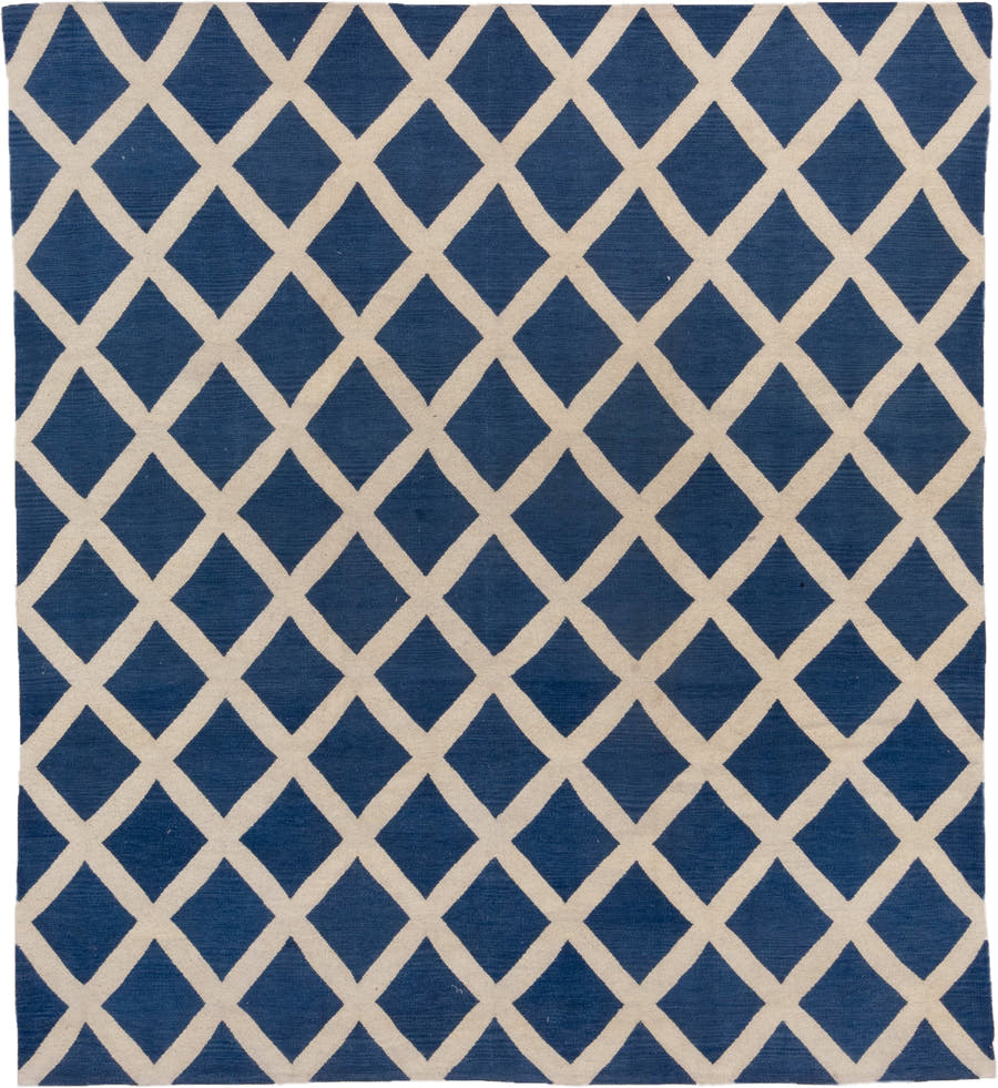 8' x 9' one-of-a-kind handmade vintage Kilim rug. Color palette: blue, ivory