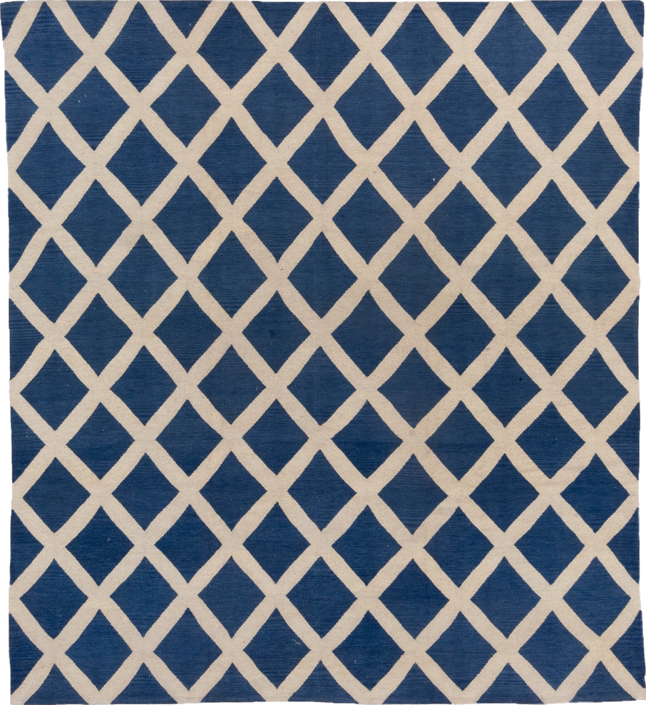 8' x 9' one-of-a-kind handmade vintage Kilim rug. Color palette: blue, brown, dark gray, dim gray, gray, light gray