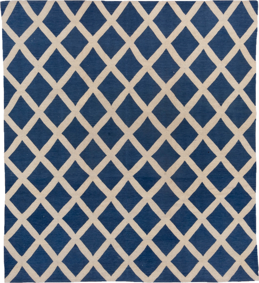 8' x 9' one-of-a-kind handmade vintage Kilim rug. Color palette: blue, ivory