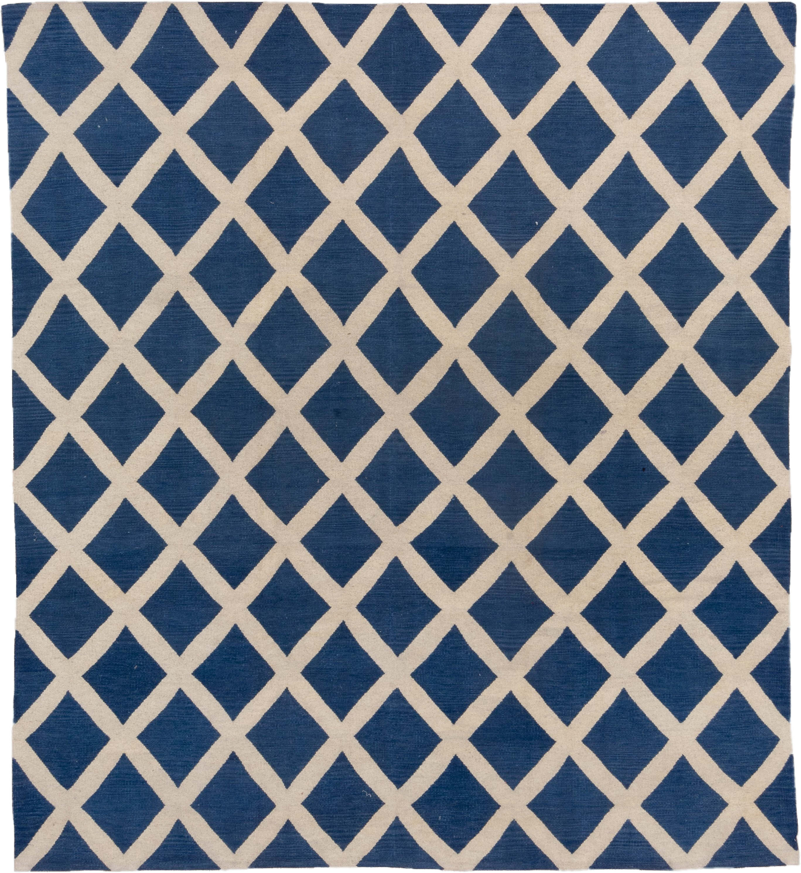 8' x 9' one-of-a-kind handmade vintage Kilim rug. Color palette: blue, ivory