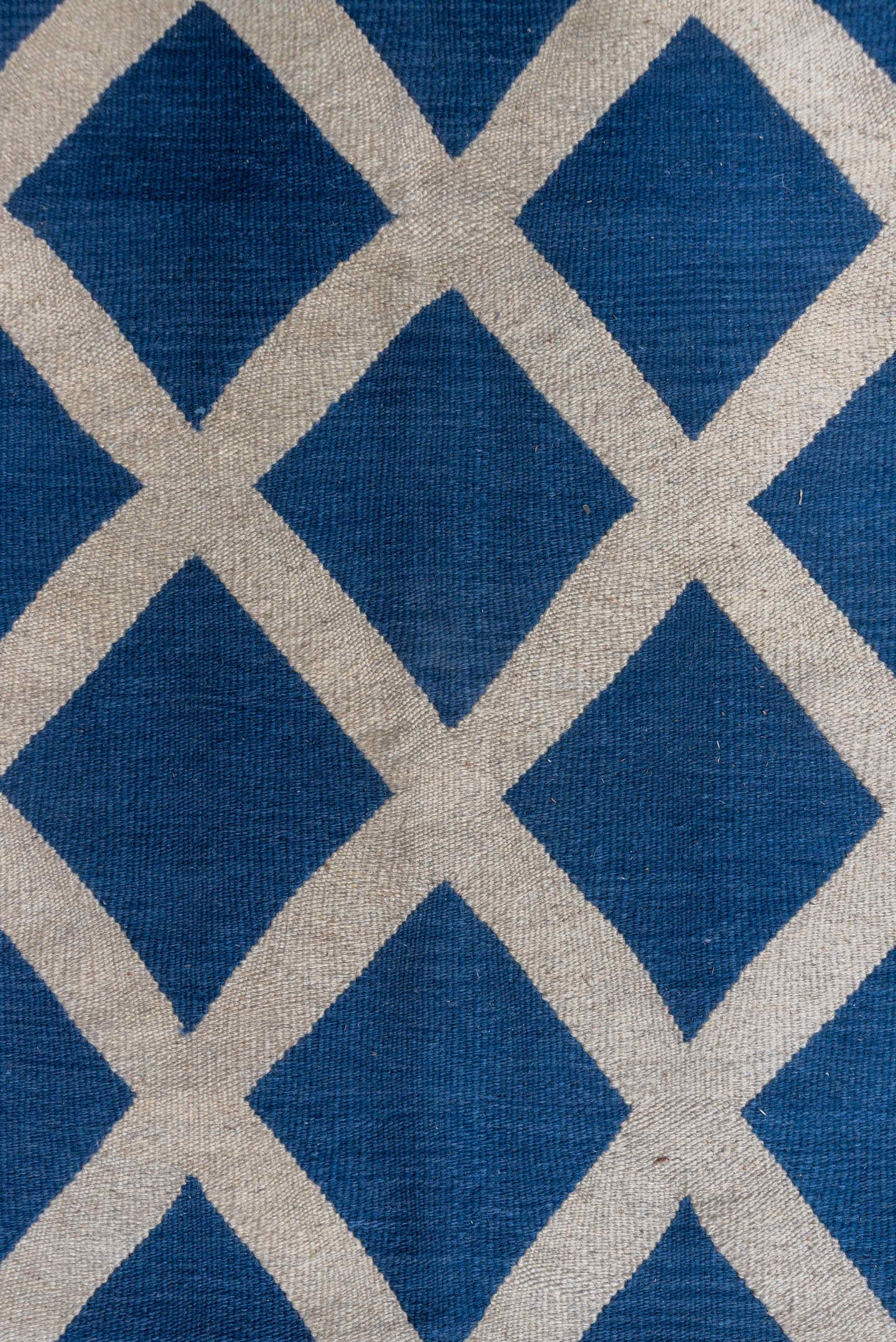 8' x 9' one-of-a-kind handmade vintage Kilim rug. Color palette: blue, ivory