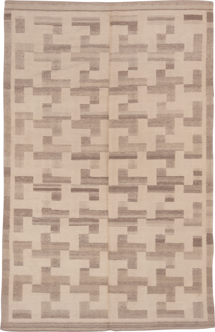6' x 10' one-of-a-kind handmade vintage Kilim large size rug. Color palette: ivory, taupe, beige, cream, gray