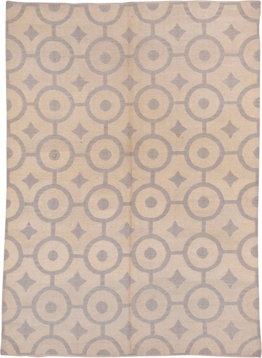 6' x 9' one-of-a-kind handmade vintage Kilim rug. Color palette: ivory, taupe, beige, gray