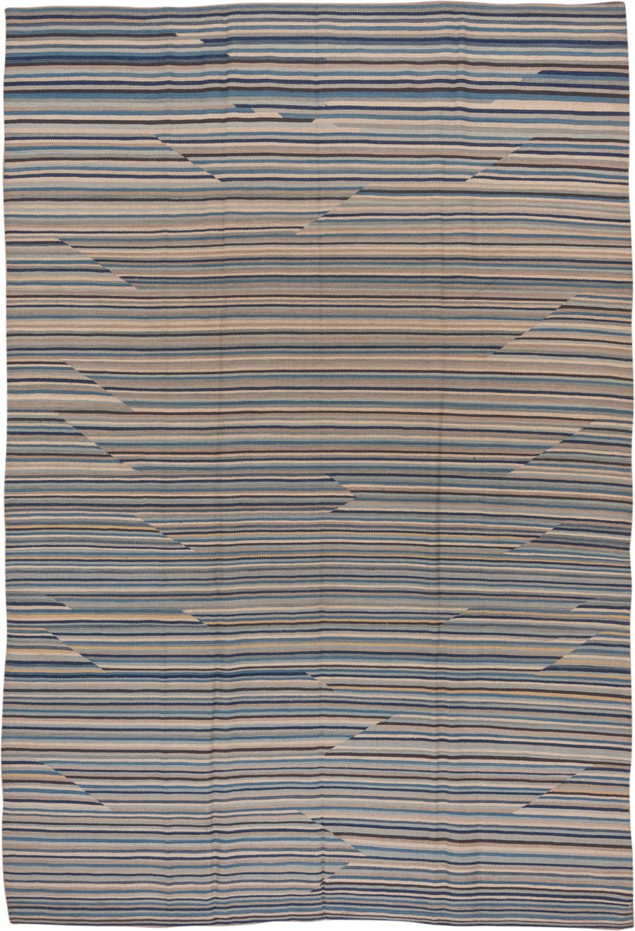 7' x 10' one-of-a-kind handmade vintage Kilim large size rug. Color palette: blue, ivory, taupe, slate, cream, beige, gray