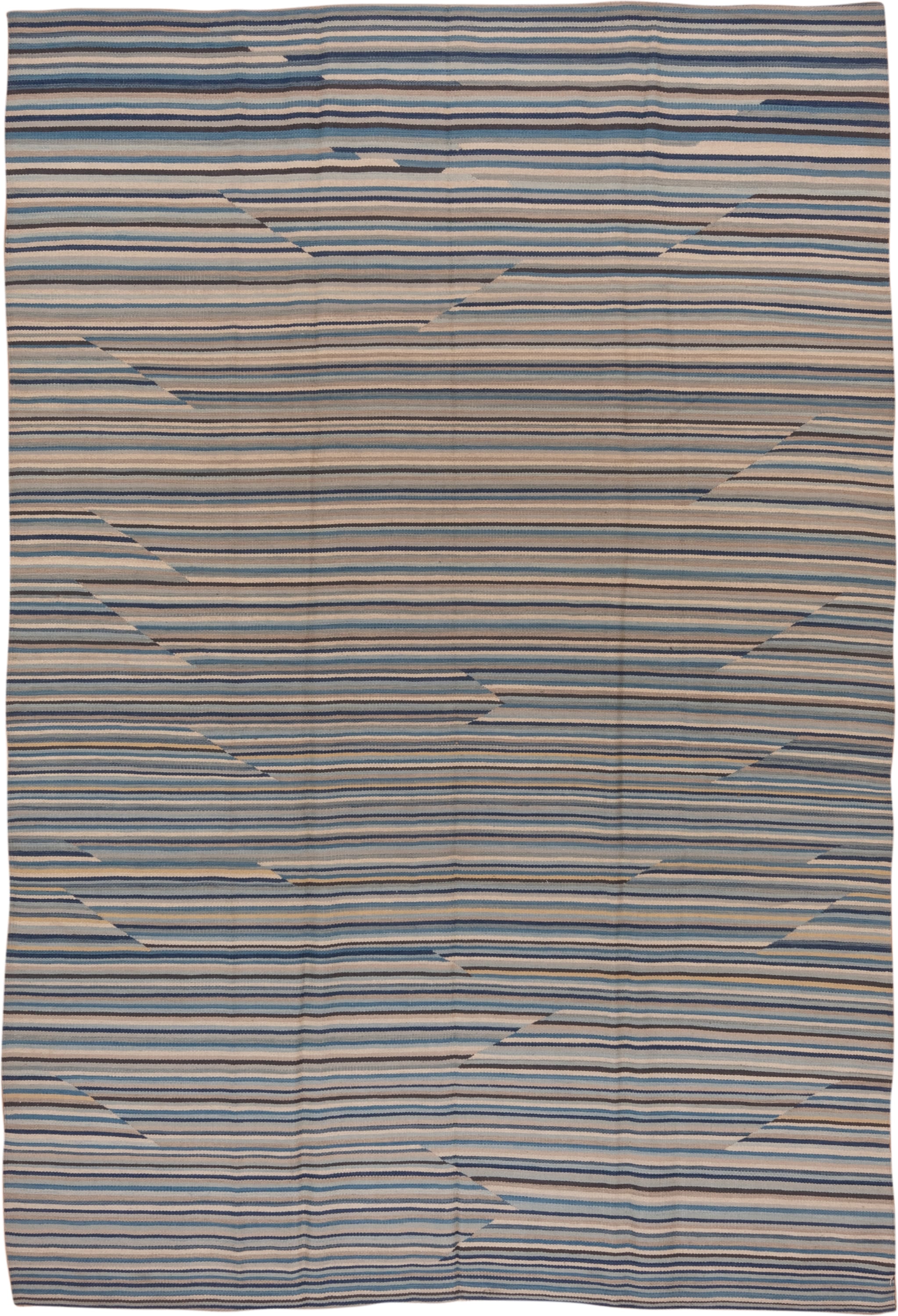 7' x 10' one-of-a-kind handmade vintage Kilim large size rug. Color palette: blue, ivory, taupe, slate, cream, beige, gray