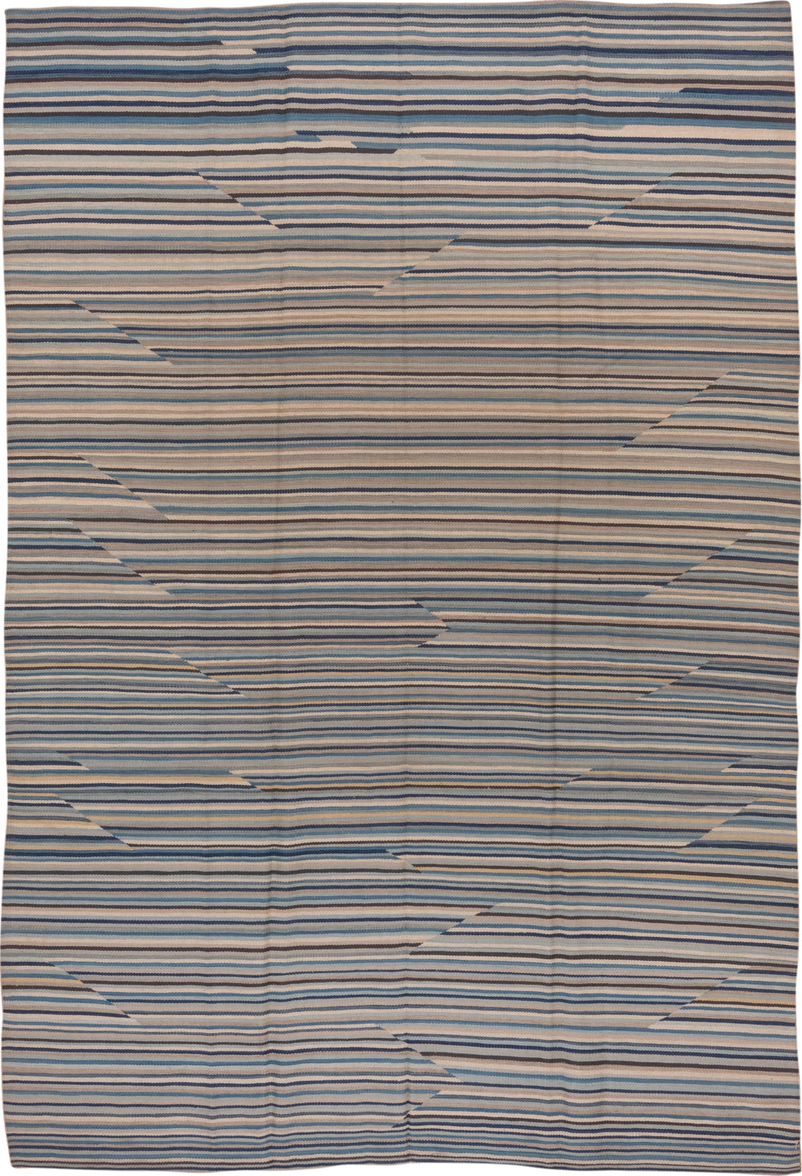 7' x 10' one-of-a-kind handmade vintage Kilim large size rug. Color palette: blue, ivory, taupe, slate, cream, beige, gray