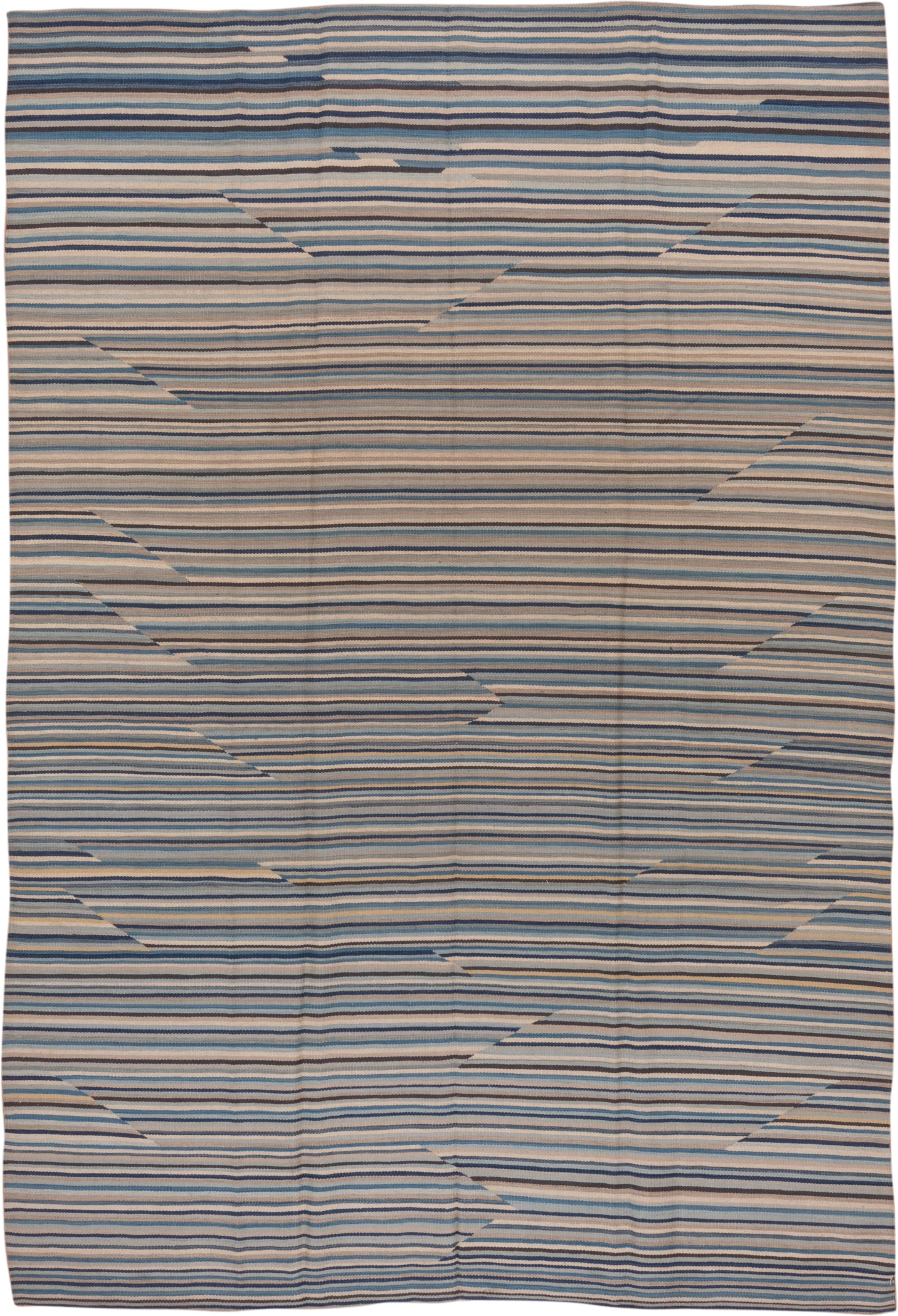 7' x 10' one-of-a-kind handmade vintage Kilim large size rug. Color palette: blue, ivory, taupe, slate, cream, beige, gray