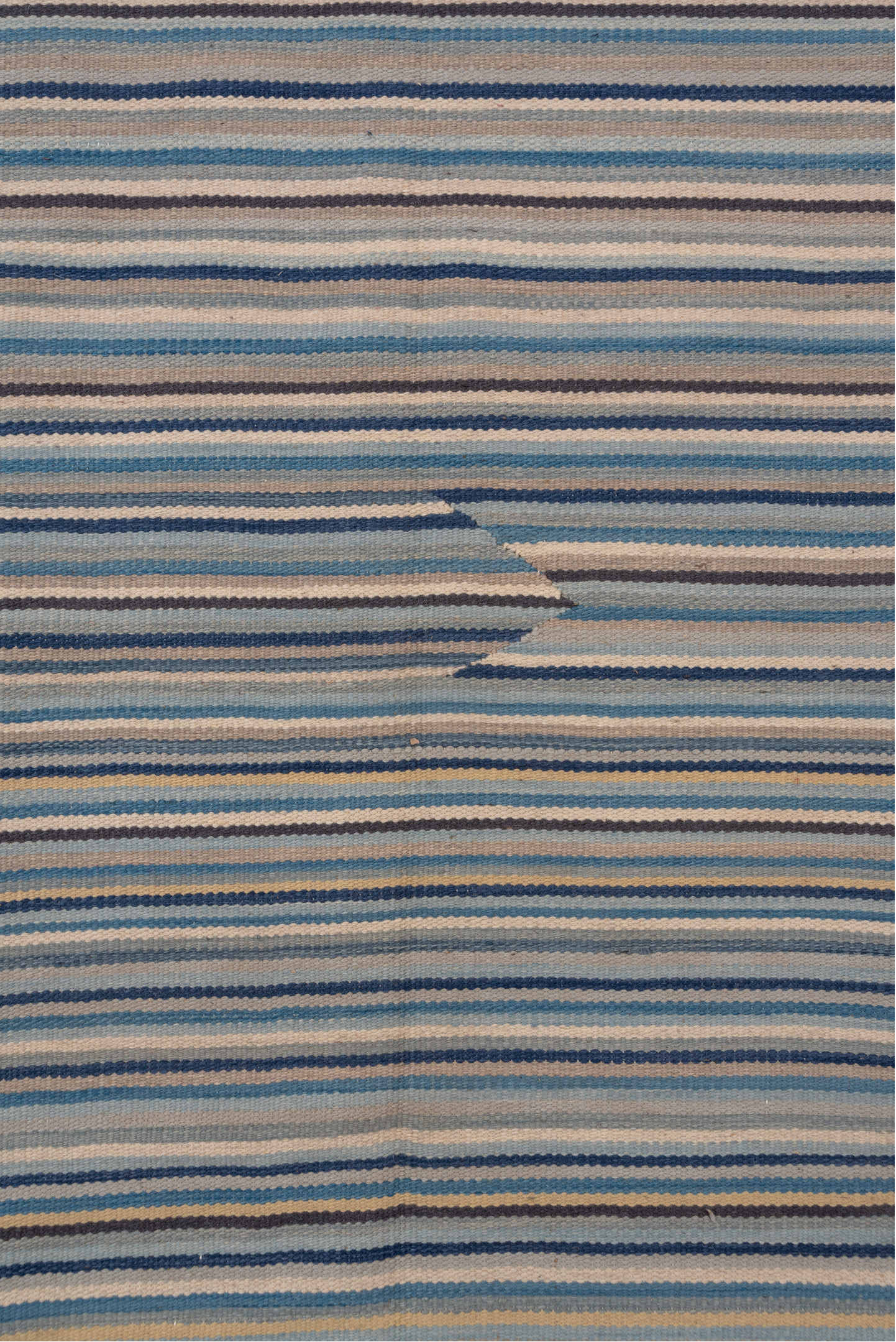 7' x 10' one-of-a-kind handmade vintage Kilim large size rug. Color palette: blue, ivory, taupe, slate, cream, beige, gray