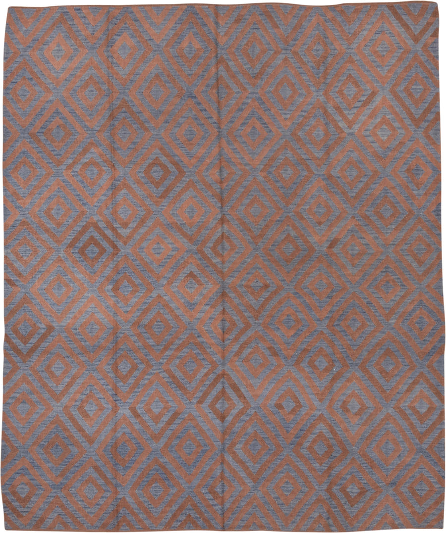 8' x 10' one-of-a-kind handmade vintage Kilim large size rug. Color palette: terra cotta, slate, dusty rose, terracotta
