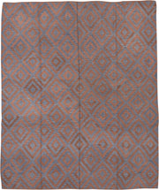 8' x 10' one-of-a-kind handmade vintage Kilim large size rug. Color palette: terra cotta, slate, dusty rose, terracotta