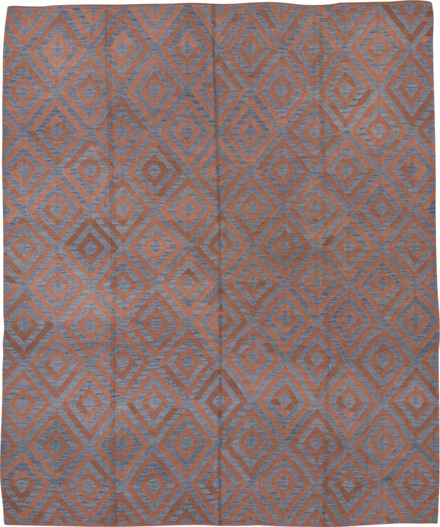 8' x 10' one-of-a-kind handmade vintage Kilim large size rug. Color palette: blue, brown, dim gray, gray, light gray