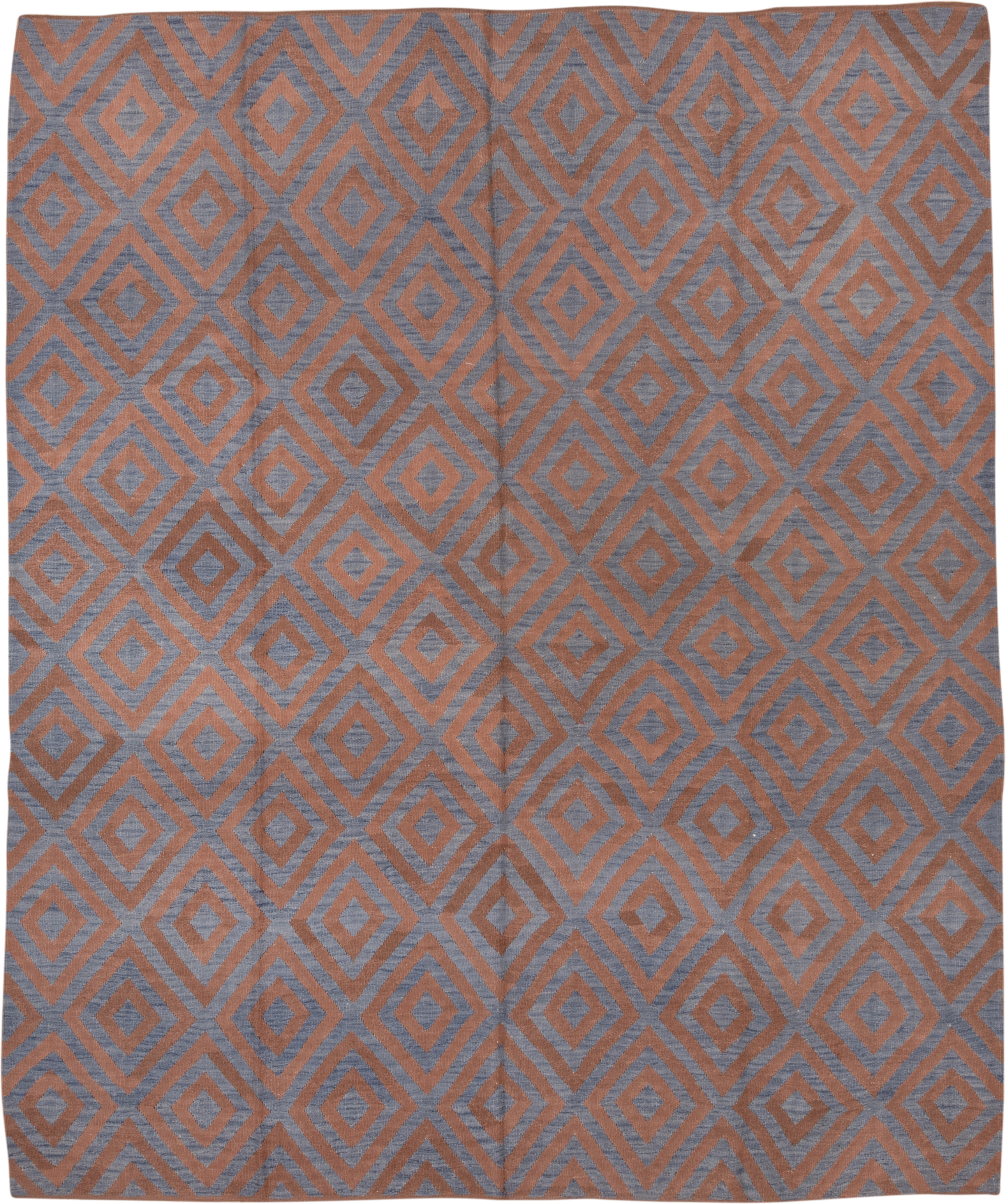 8' x 10' one-of-a-kind handmade vintage Kilim large size rug. Color palette: terra cotta, slate, dusty rose, terracotta