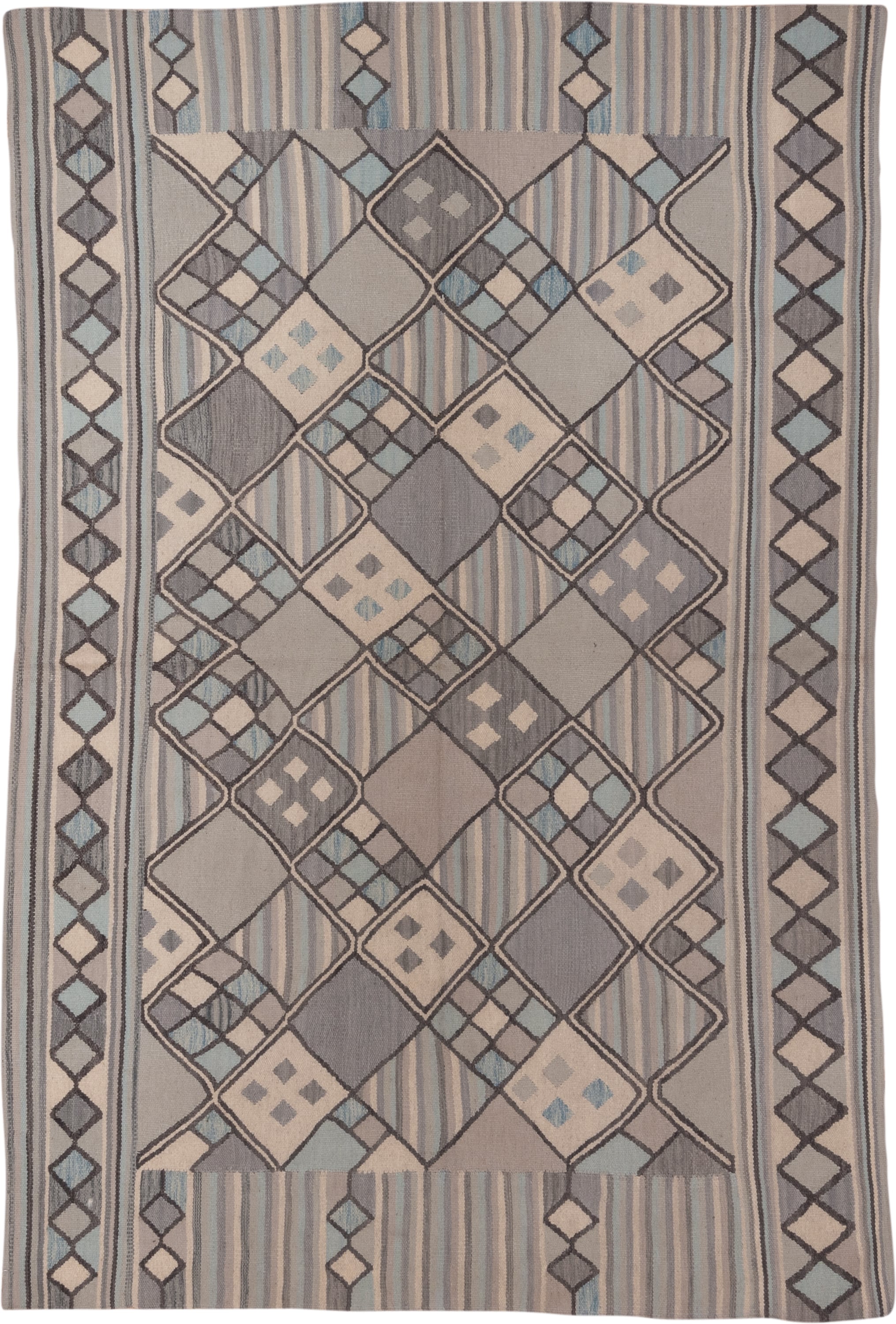 6' x 9' one-of-a-kind handmade vintage Kilim medium size rug. Color palette: taupe, slate, ivory, pale_blue, charcoal, beige