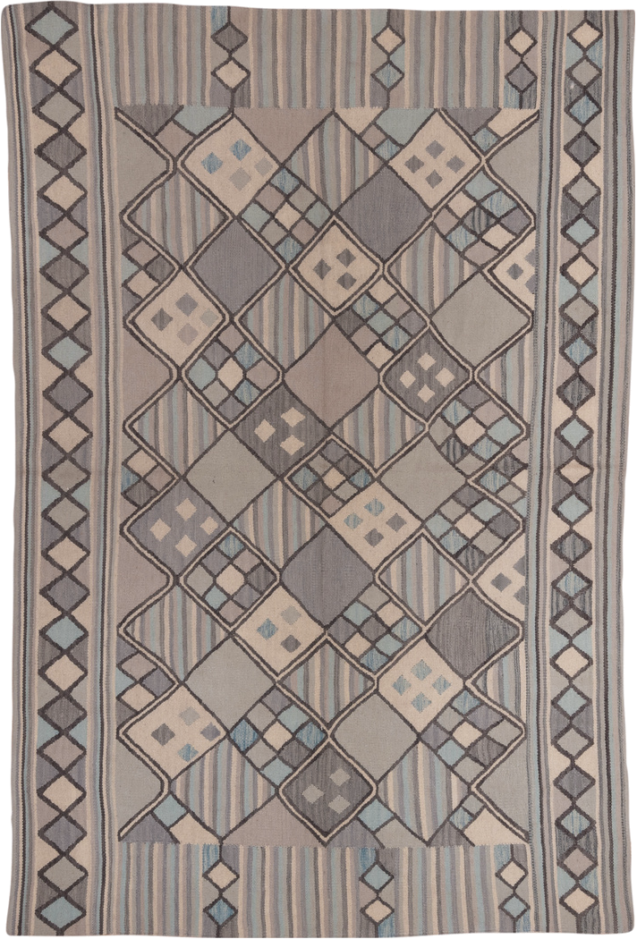 6' x 9' one-of-a-kind handmade vintage Kilim medium size rug. Color palette: taupe, slate, ivory, pale_blue, charcoal, beige