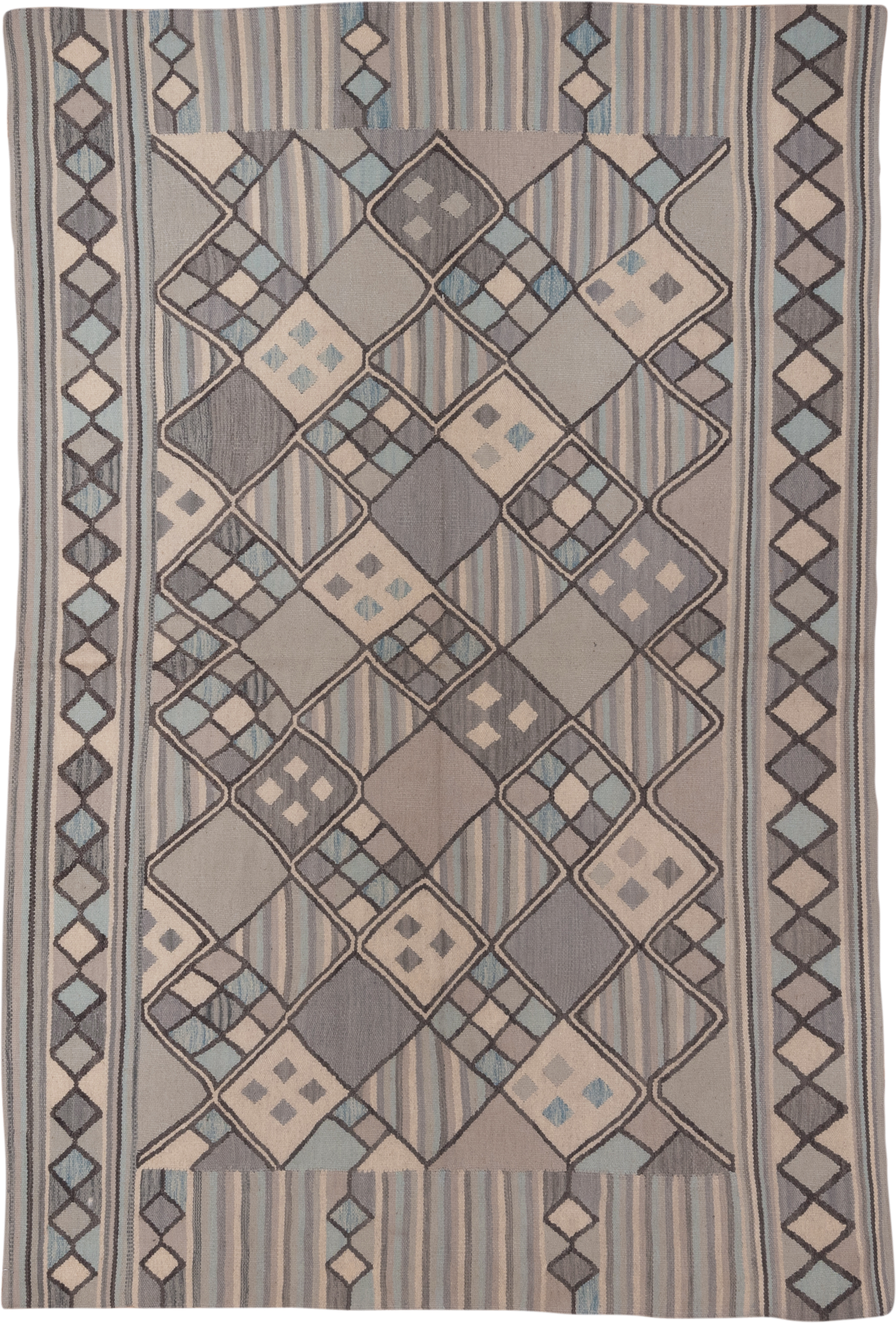 6' x 9' one-of-a-kind handmade vintage Kilim medium size rug. Color palette: taupe, slate, ivory, pale_blue, charcoal, beige