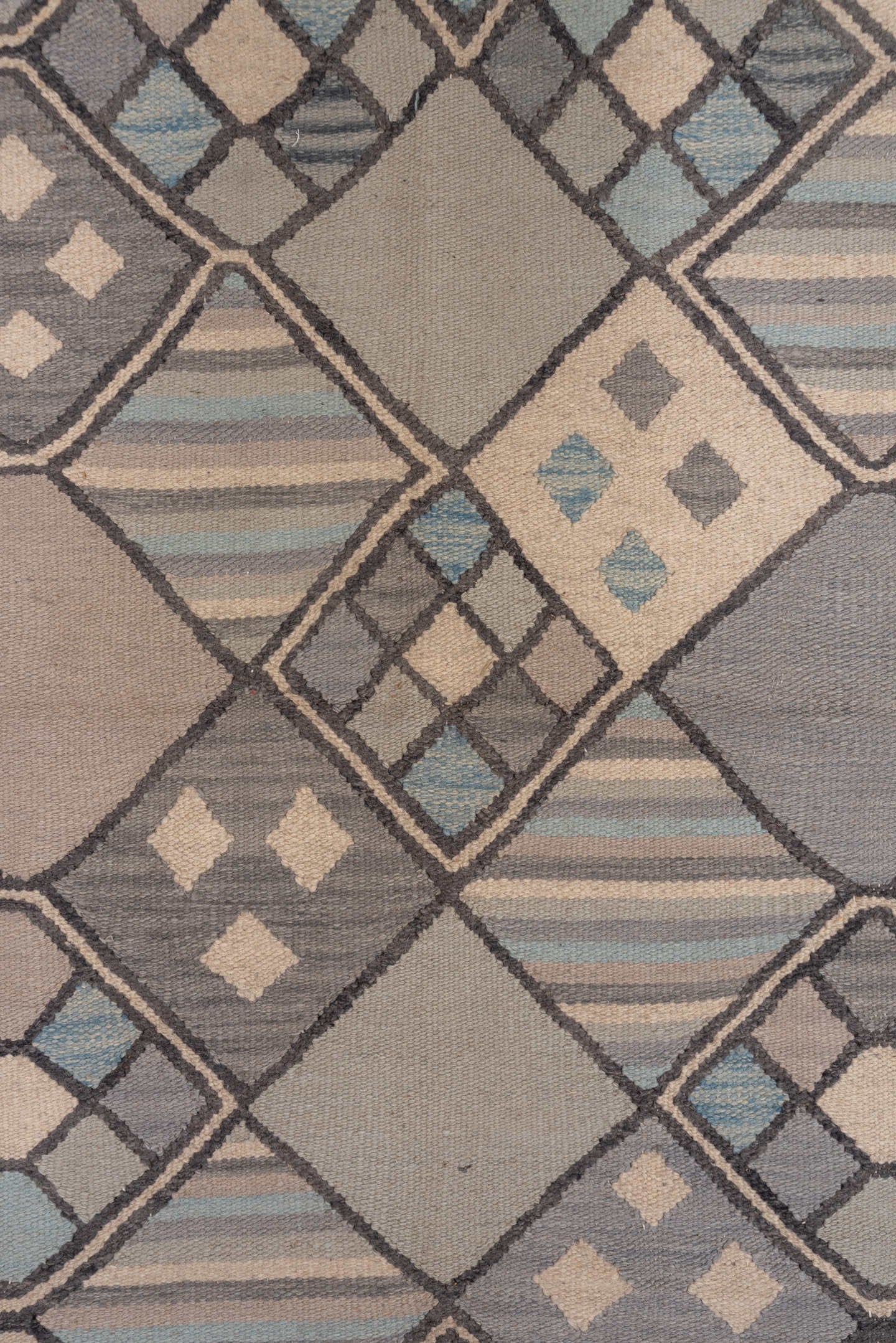 6' x 9' one-of-a-kind handmade vintage Kilim medium size rug. Color palette: taupe, slate, ivory, pale_blue, charcoal, beige