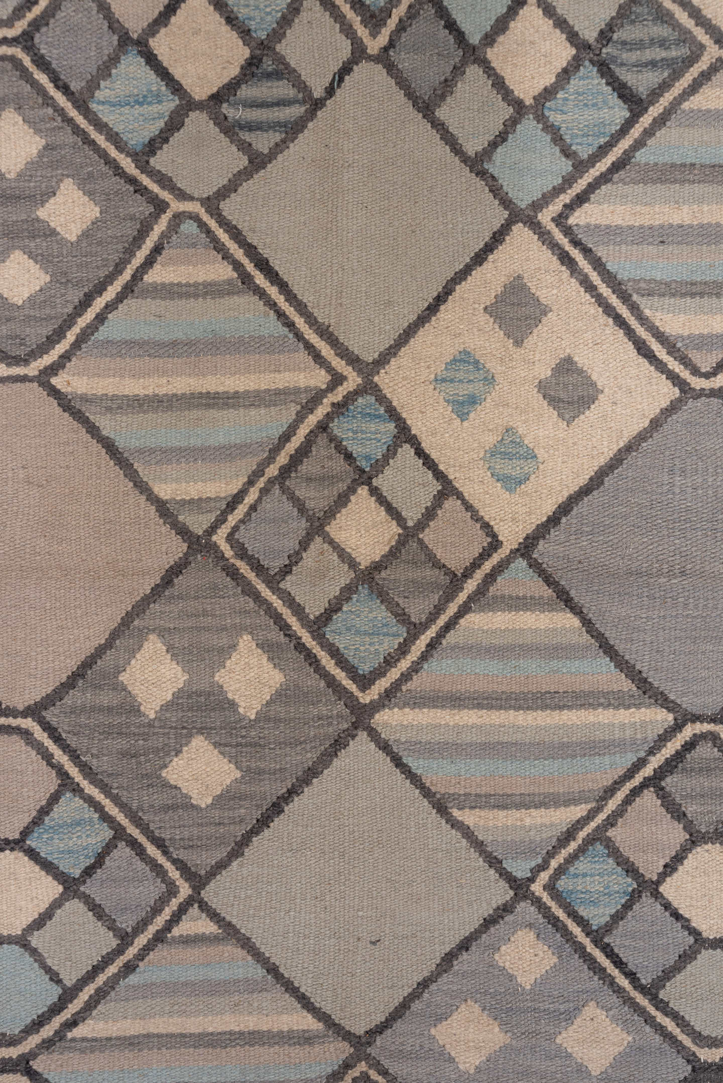 6' x 9' one-of-a-kind handmade vintage Kilim medium size rug. Color palette: taupe, slate, ivory, pale_blue, charcoal, beige