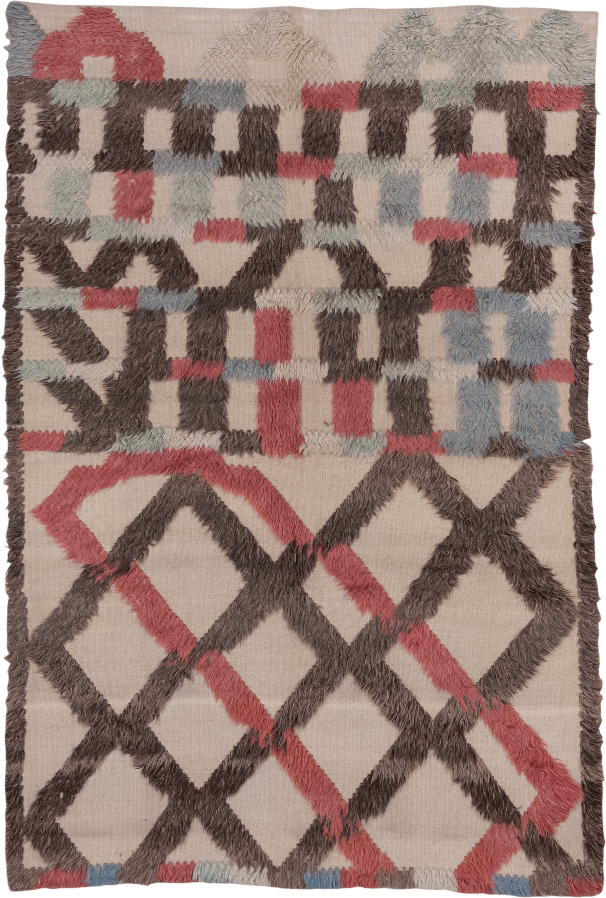 6' x 9' one-of-a-kind handmade vintage Tulu medium size rug. Color palette: ivory, brown, coral, pale blue, sage, taupe