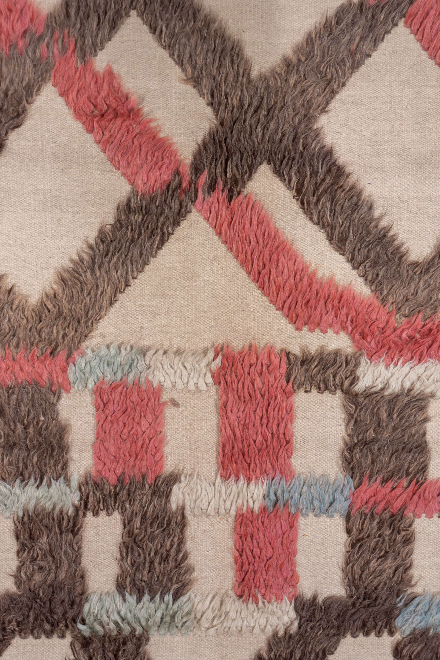 6' x 9' one-of-a-kind handmade vintage Tulu medium size rug. Color palette: ivory, brown, coral, pale blue, sage, taupe