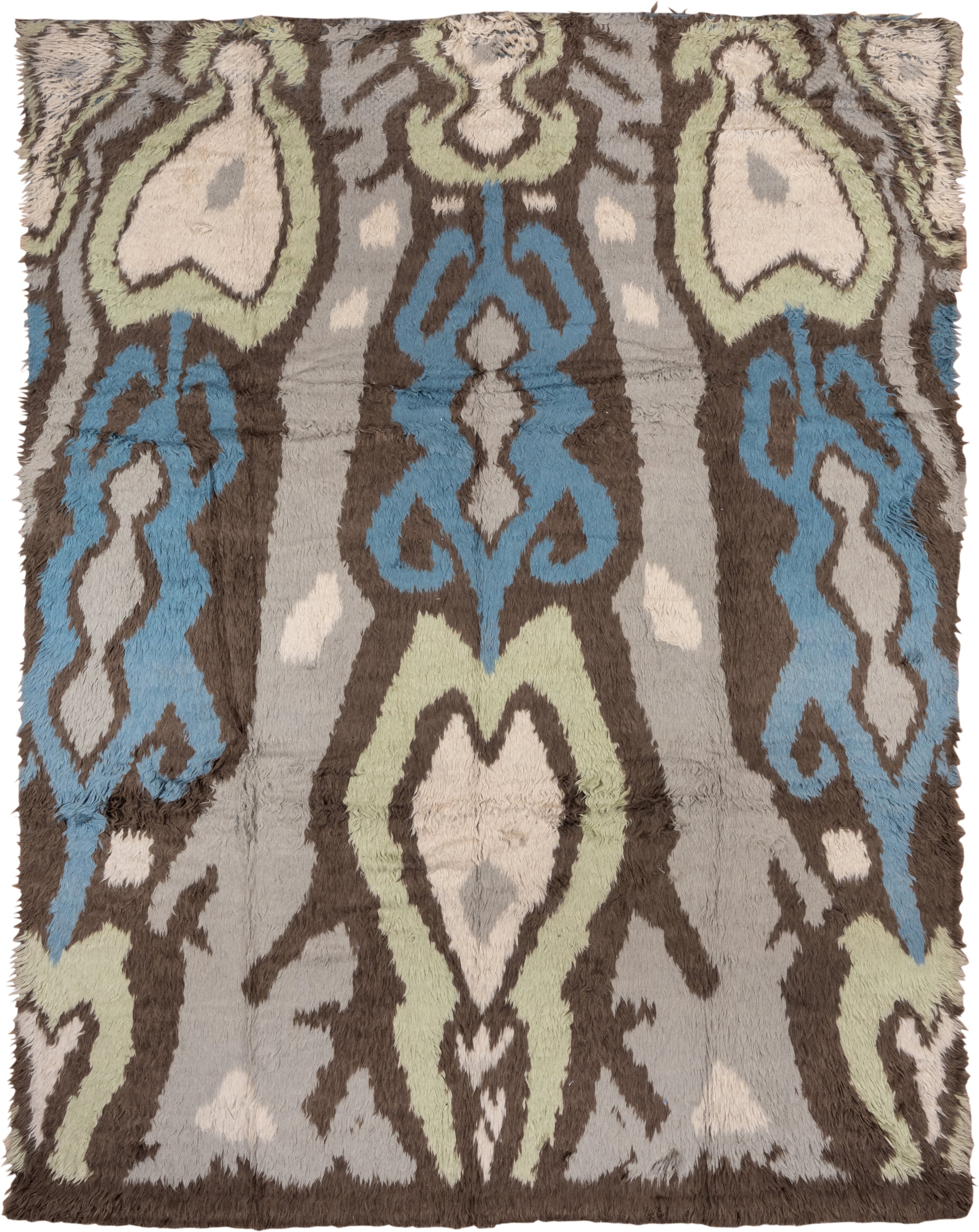 10' x 12' one-of-a-kind handmade vintage Tulu large size rug. Color palette: gray, brown, ivory, sky_blue, pale_sage