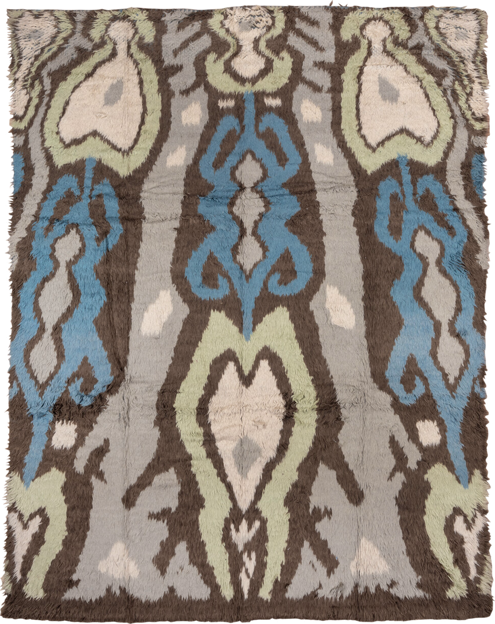10' x 12' one-of-a-kind handmade vintage Tulu large size rug. Color palette: gray, brown, ivory, sky_blue, pale_sage