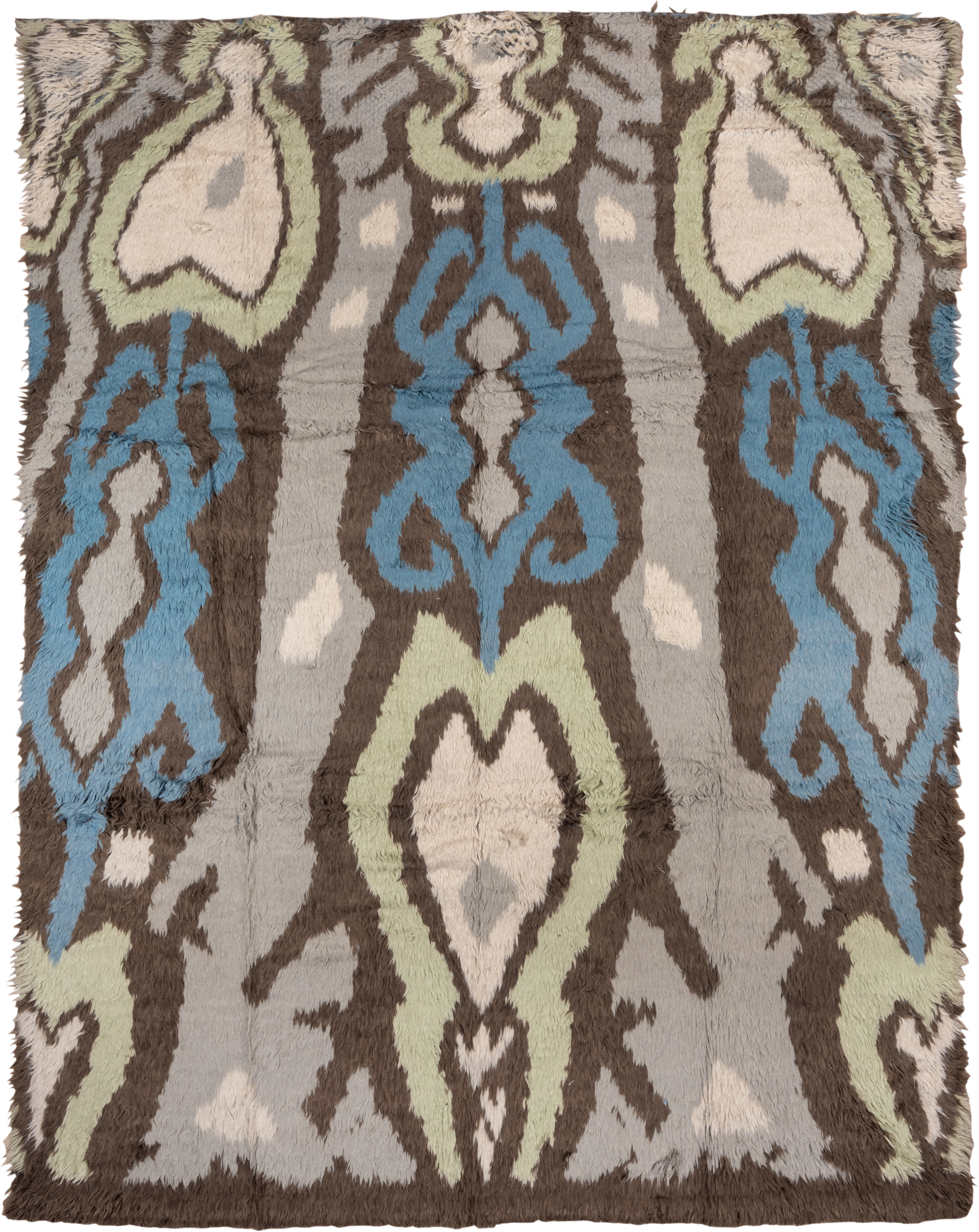 10' x 12' one-of-a-kind handmade vintage Tulu large size rug. Color palette: gray, brown, ivory, sky_blue, pale_sage