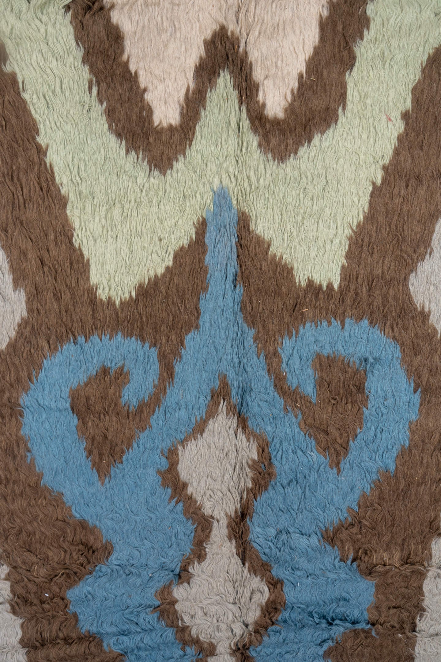 10' x 12' one-of-a-kind handmade vintage Tulu large size rug. Color palette: gray, brown, ivory, sky_blue, pale_sage