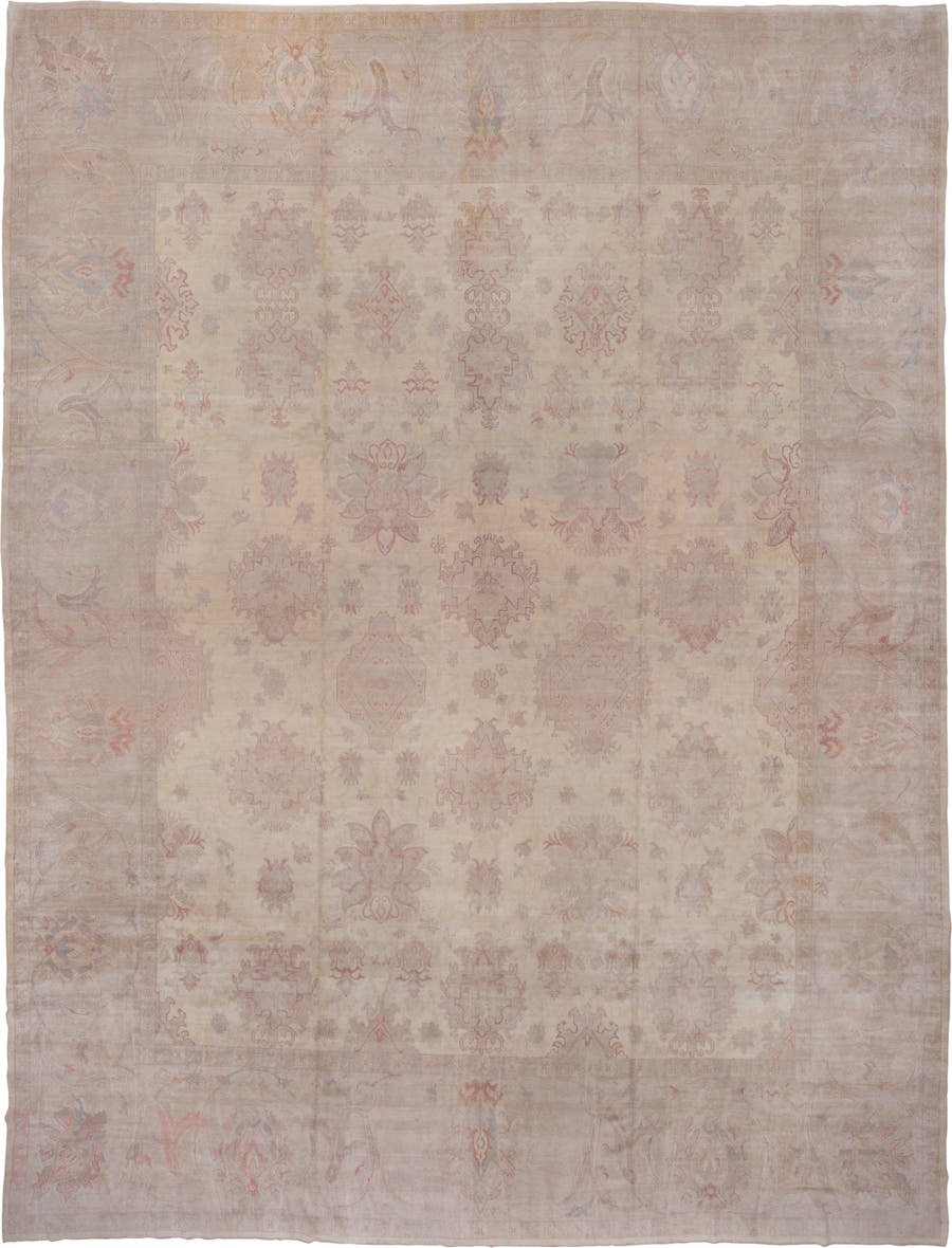 18' x 24' one-of-a-kind handmade vintage Oushak oversize rug. Color palette: ivory, taupe, blush, dusty rose, pale blue