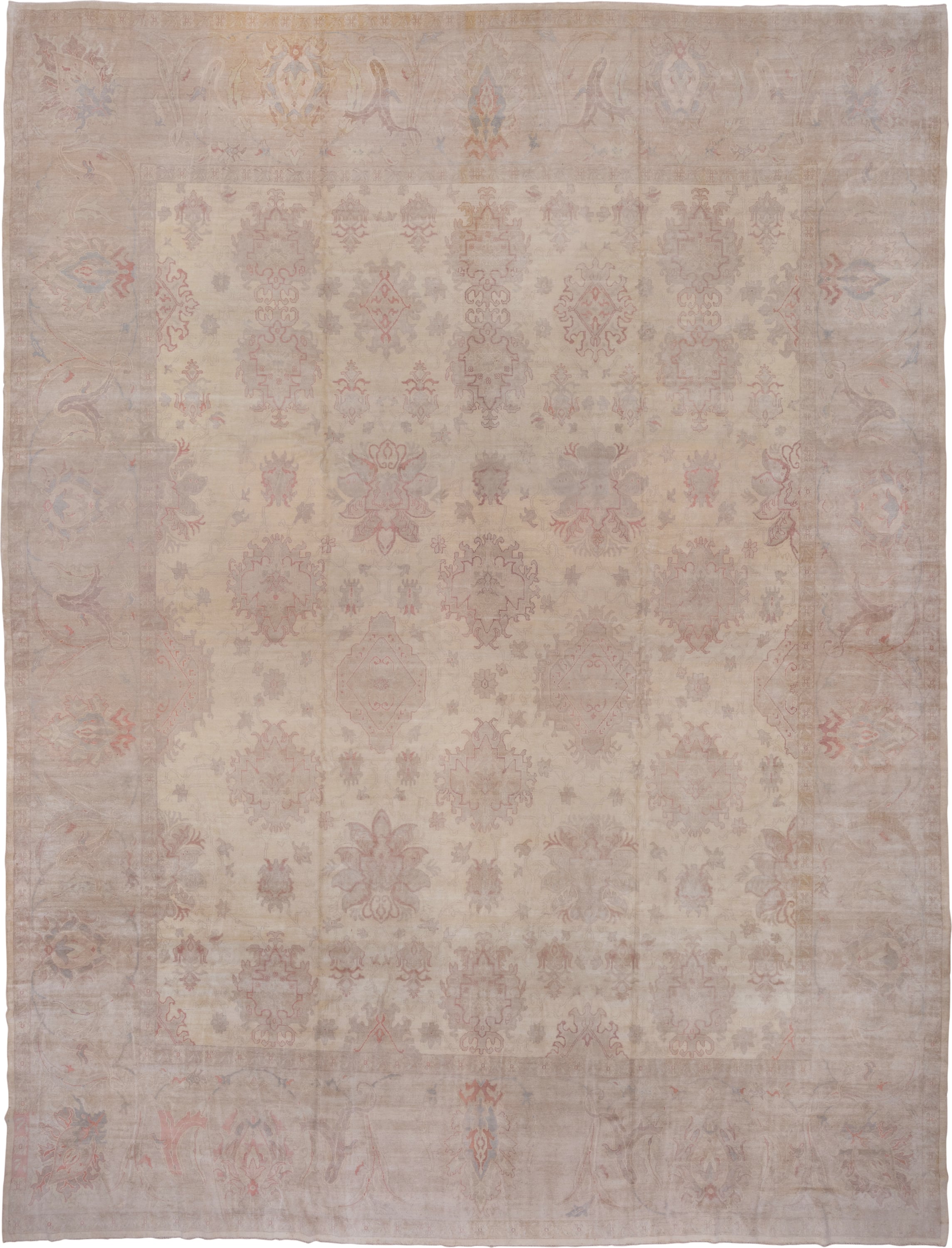 18' x 24' one-of-a-kind handmade vintage Oushak oversize rug. Color palette: ivory, taupe, blush, dusty rose, pale blue