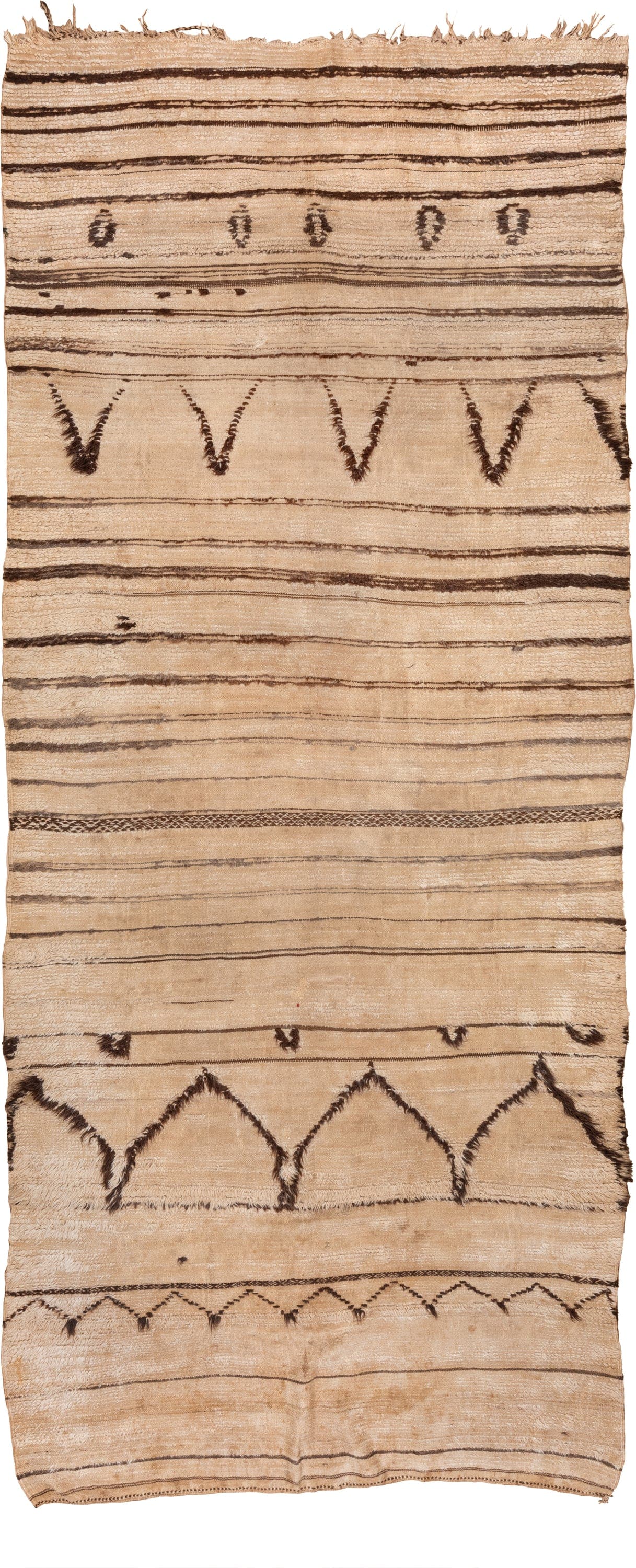 6' x 14' one-of-a-kind handmade vintage Moroccan large size rug. Color palette: ivory, brown, camel, taupe, beige, gray