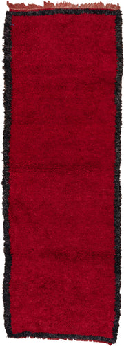 3' x 10' one-of-a-kind handmade vintage Moroccan runner rug. Color palette: crimson, charcoal, burgundy, red, gray, black