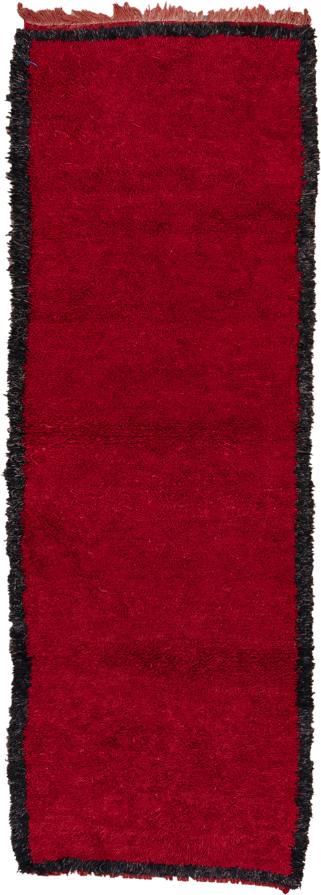 3' x 10' one-of-a-kind handmade vintage Moroccan runner rug. Color palette: crimson, charcoal, burgundy, red, gray, black