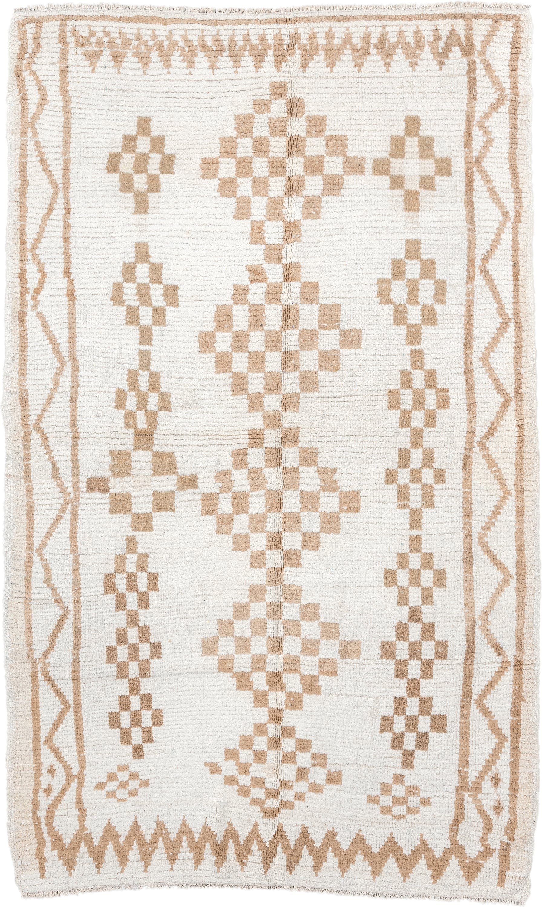 4' x 8' one-of-a-kind handmade vintage Moroccan medium size rug. Color palette: ivory, camel, cream, tan, beige