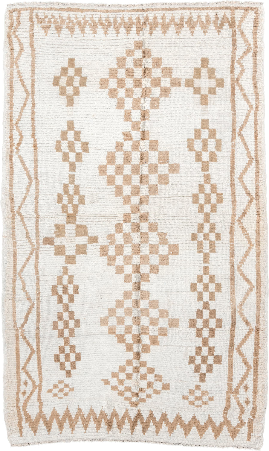 4' x 8' one-of-a-kind handmade vintage Moroccan medium size rug. Color palette: ivory, camel, cream, tan, beige