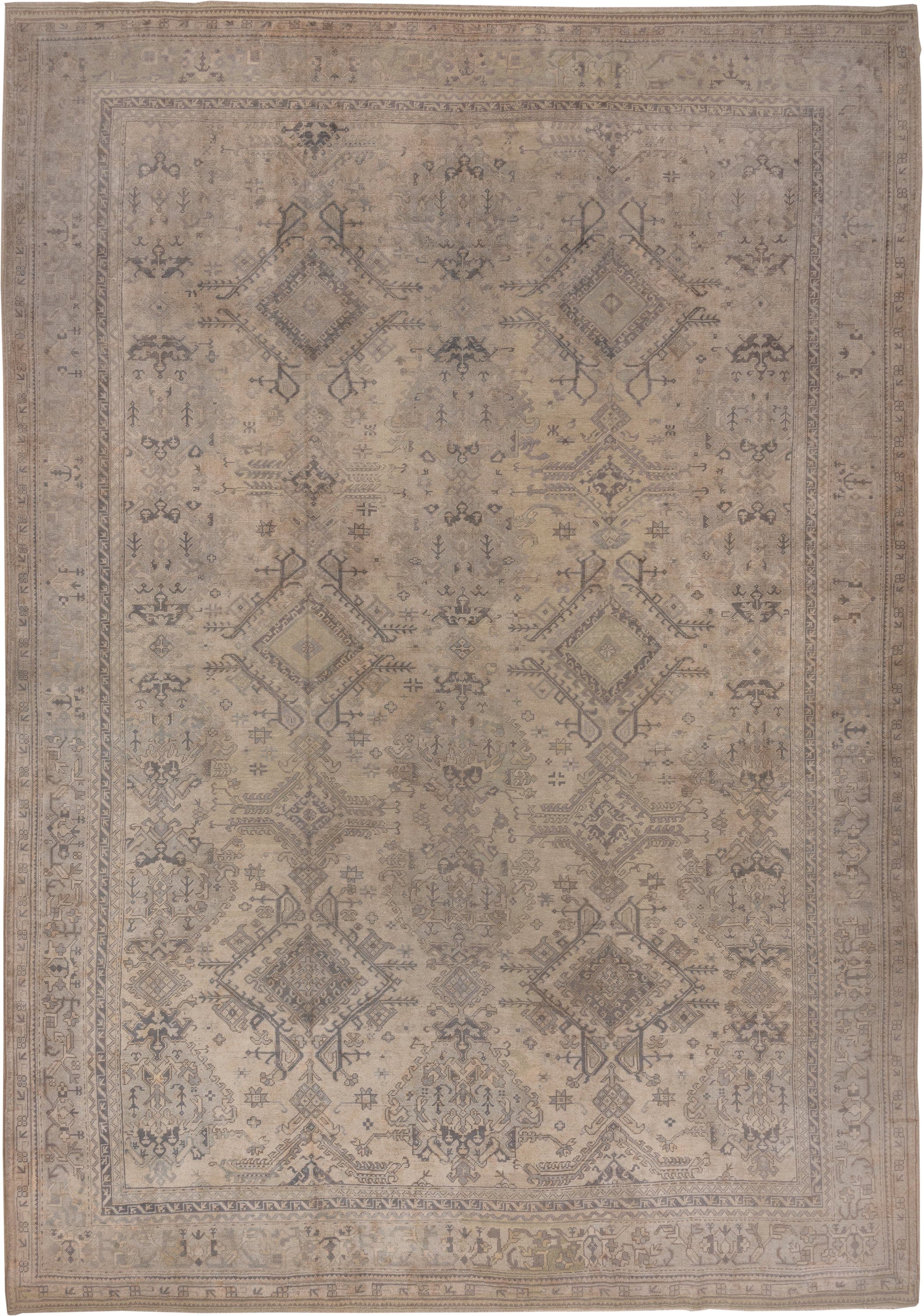 14' x 19' one-of-a-kind handmade antique Oushak oversize rug. Color palette: taupe, ivory, beige, camel, slate, greige, gray