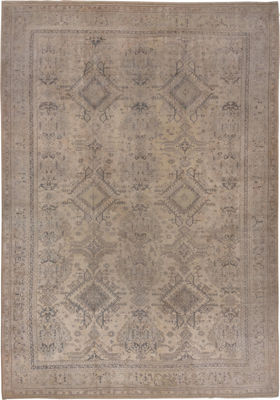 14' x 19' one-of-a-kind handmade antique Oushak oversize rug. Color palette: taupe, ivory, beige, camel, slate, greige, gray