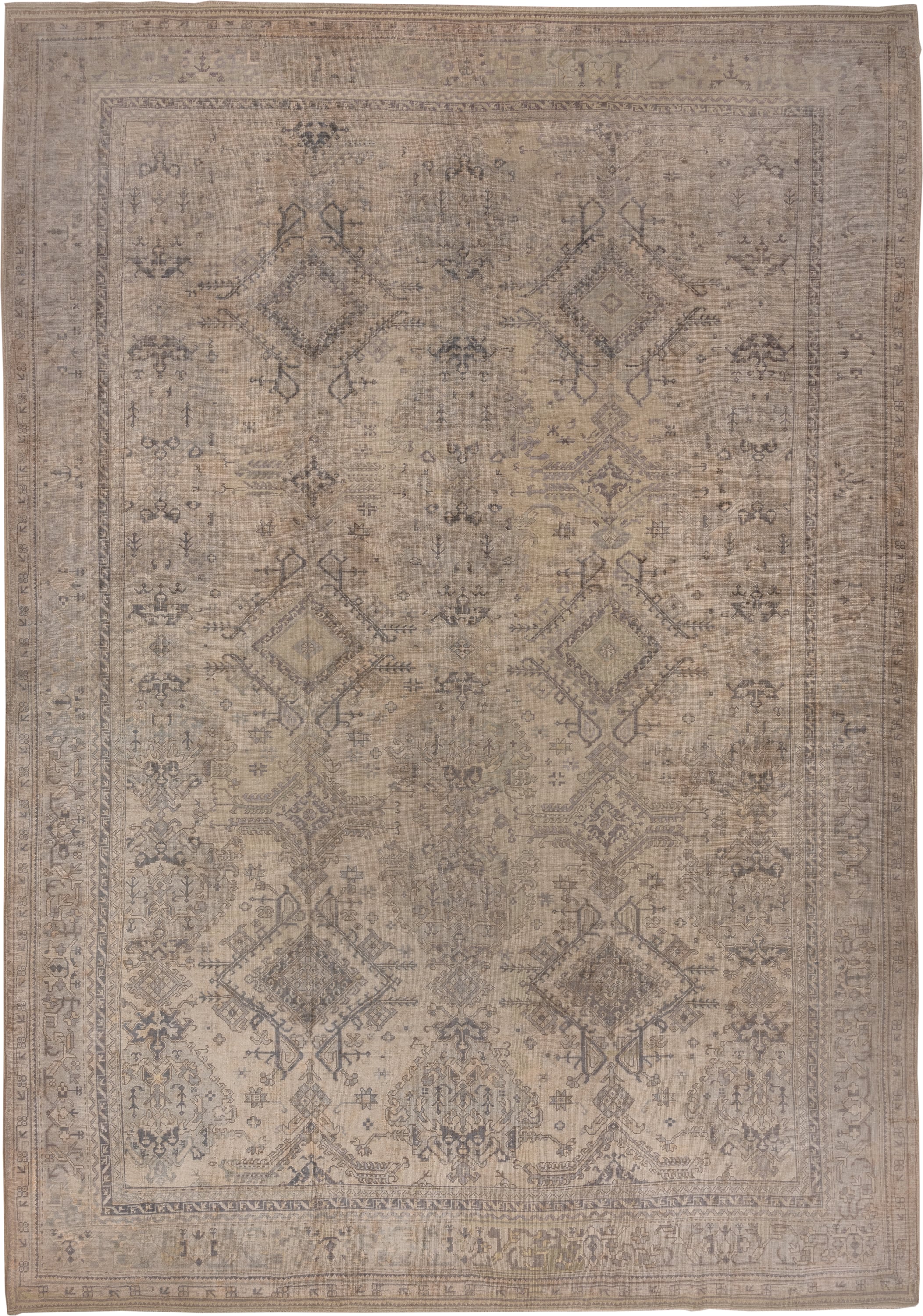14' x 19' one-of-a-kind handmade antique Oushak oversize rug. Color palette: taupe, ivory, beige, camel, slate, greige, gray