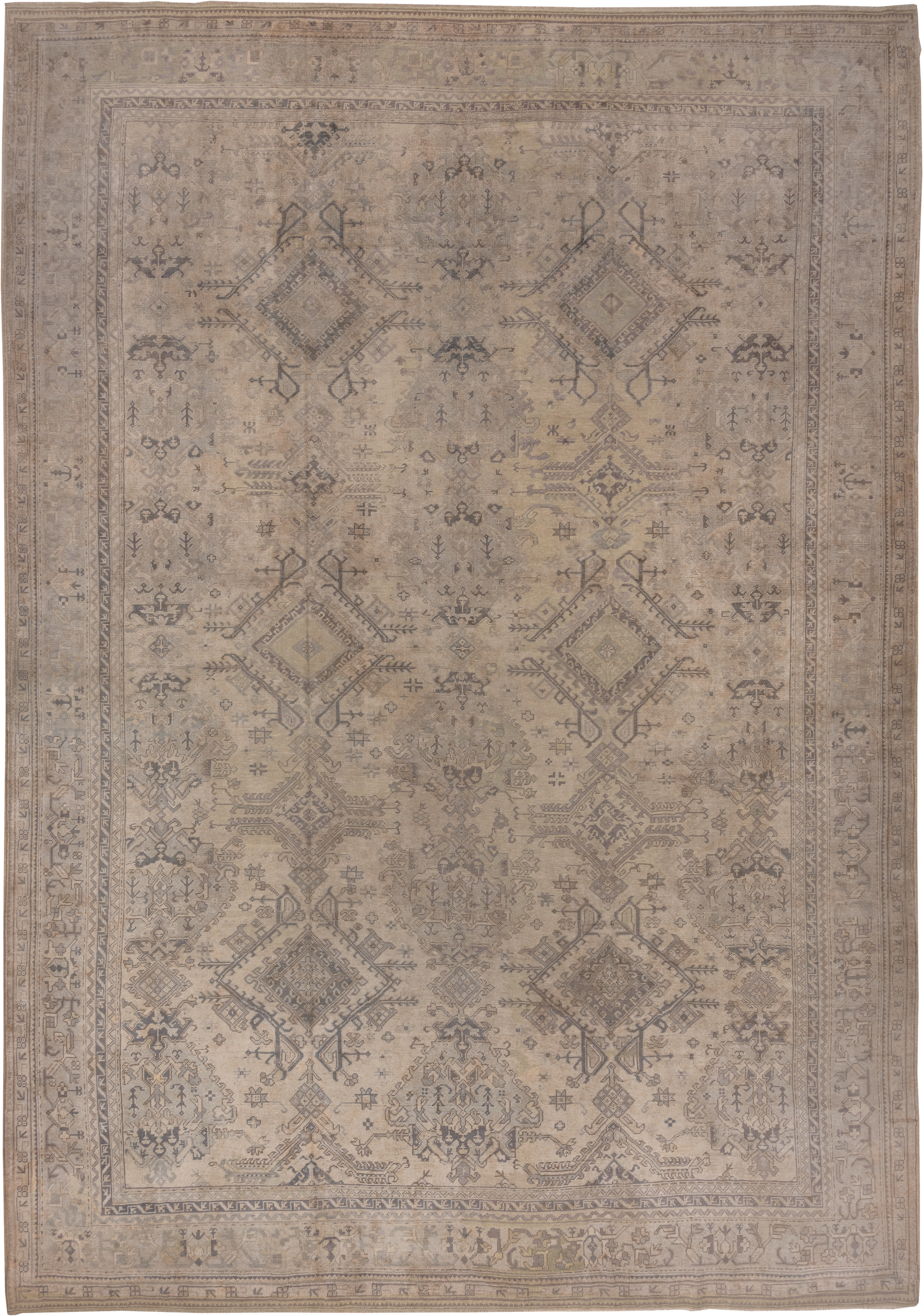 14' x 19' one-of-a-kind handmade antique Oushak oversize rug. Color palette: taupe, ivory, beige, camel, slate, greige, gray