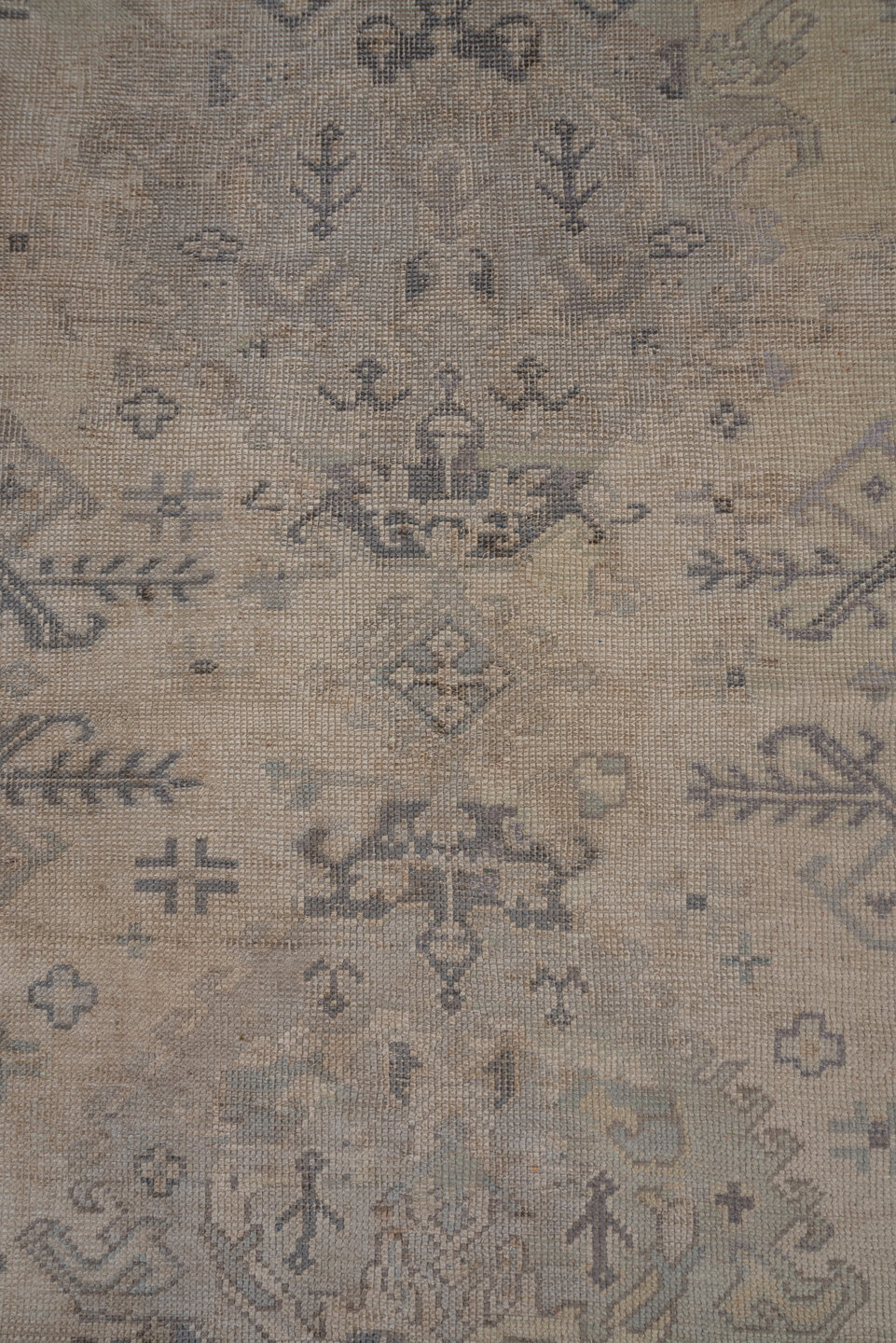 14' x 19' one-of-a-kind handmade antique Oushak oversize rug. Color palette: taupe, ivory, beige, camel, slate, greige, gray