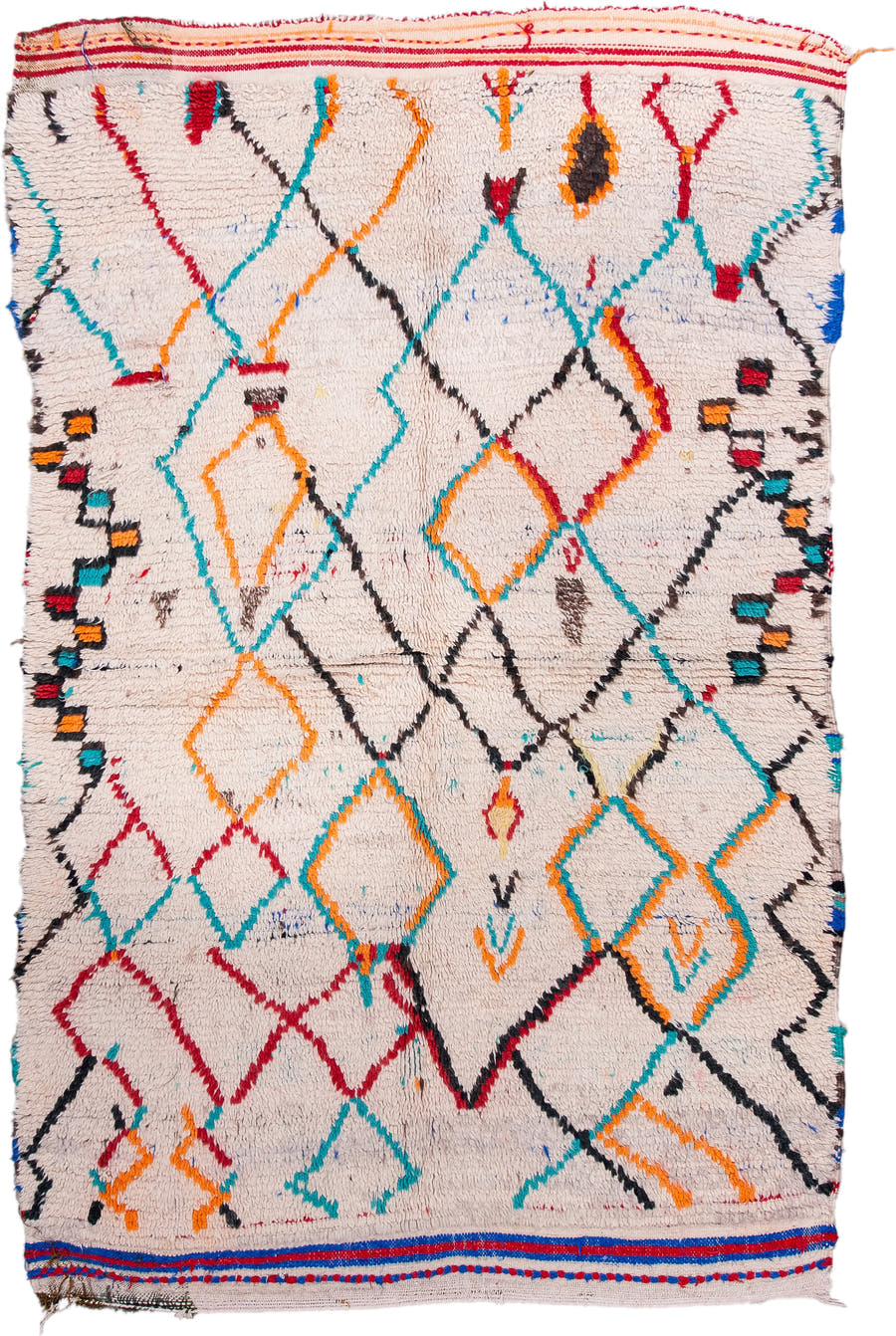 4' x 6' one-of-a-kind handmade vintage Moroccan small size rug. Color palette: ivory, turquoise, charcoal, orange, red, blue