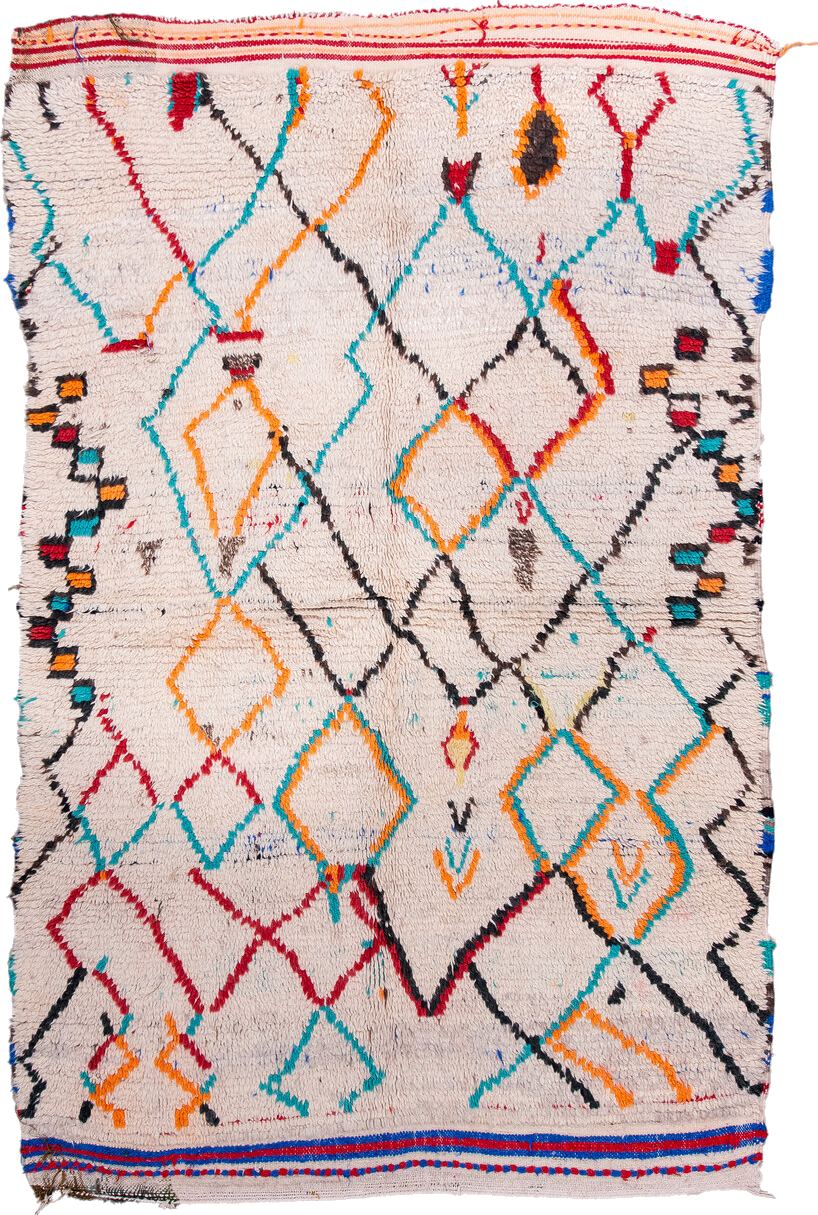 4' x 6' one-of-a-kind handmade vintage Moroccan small size rug. Color palette: black, blue, brown, gray, green