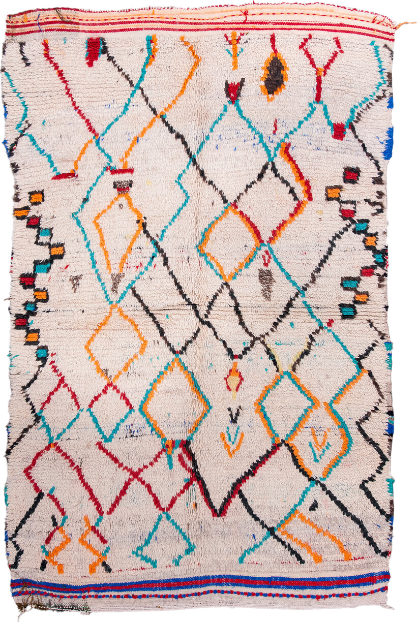 4' x 6' one-of-a-kind handmade vintage Moroccan small size rug. Color palette: ivory, turquoise, charcoal, orange, red, blue