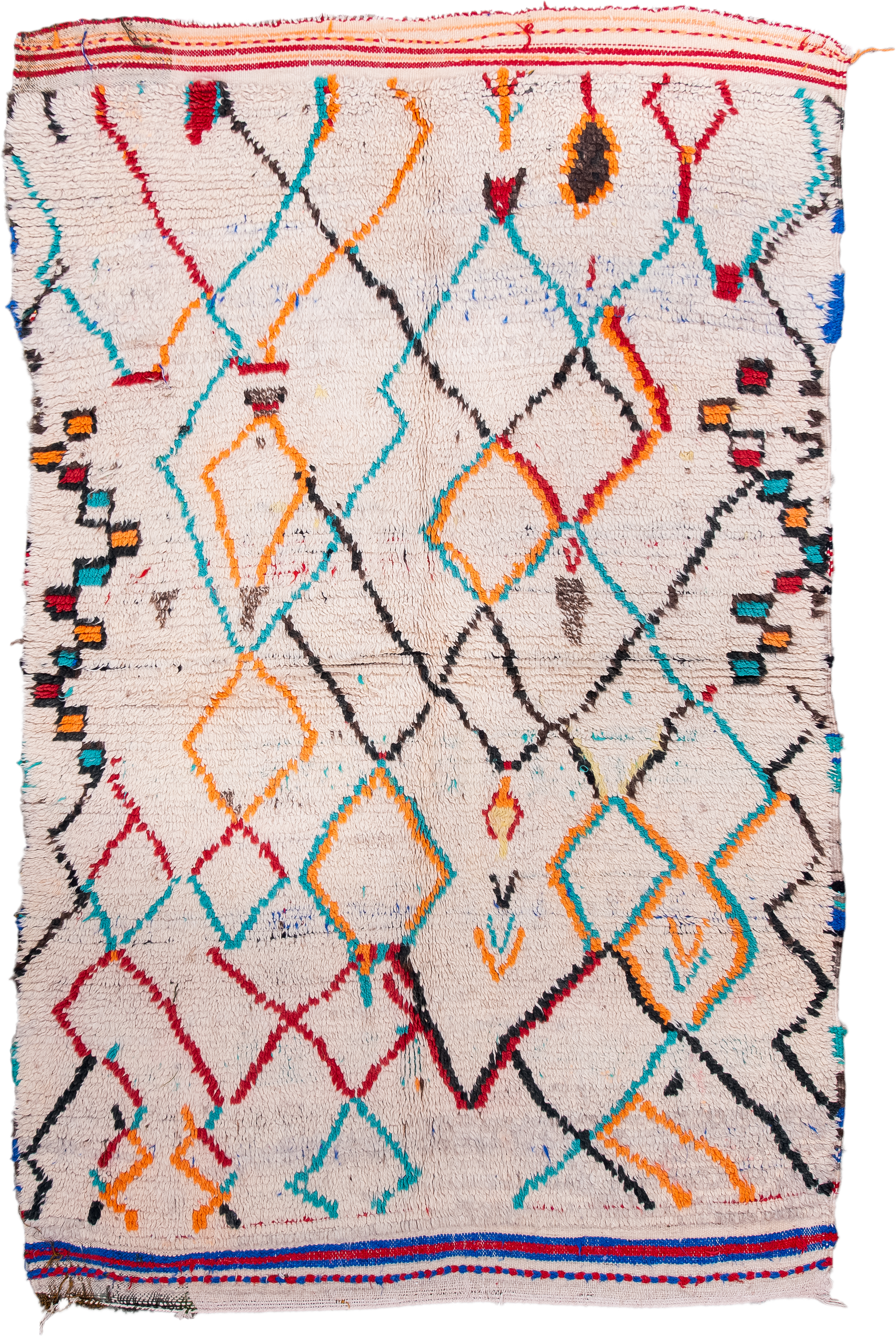 4' x 6' one-of-a-kind handmade vintage Moroccan small size rug. Color palette: ivory, turquoise, charcoal, orange, red, blue
