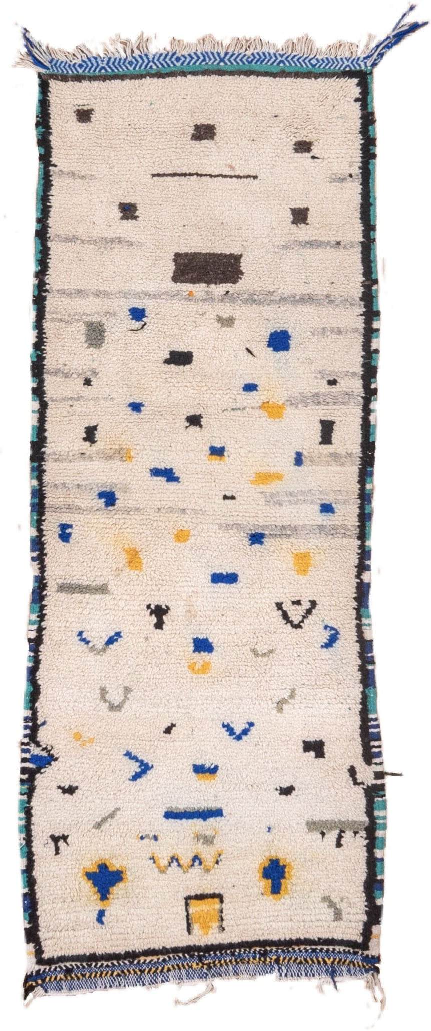 2' x 6' one-of-a-kind handmade vintage Moroccan runner rug. Color palette: ivory, charcoal, cobalt, gray, saffron, teal