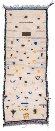 2' x 6' one-of-a-kind handmade vintage Moroccan runner rug. Color palette: ivory, charcoal, cobalt, gray, saffron, teal