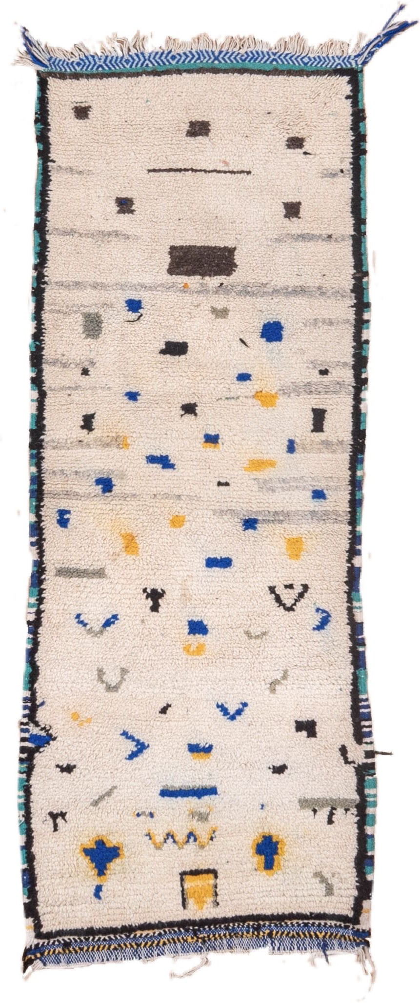 2' x 6' one-of-a-kind handmade vintage Moroccan runner rug. Color palette: ivory, charcoal, cobalt, gray, saffron, teal