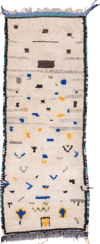 2' x 6' one-of-a-kind handmade vintage Moroccan runner rug. Color palette: antiquewhite, black, blue, brown, charcoal, gray
